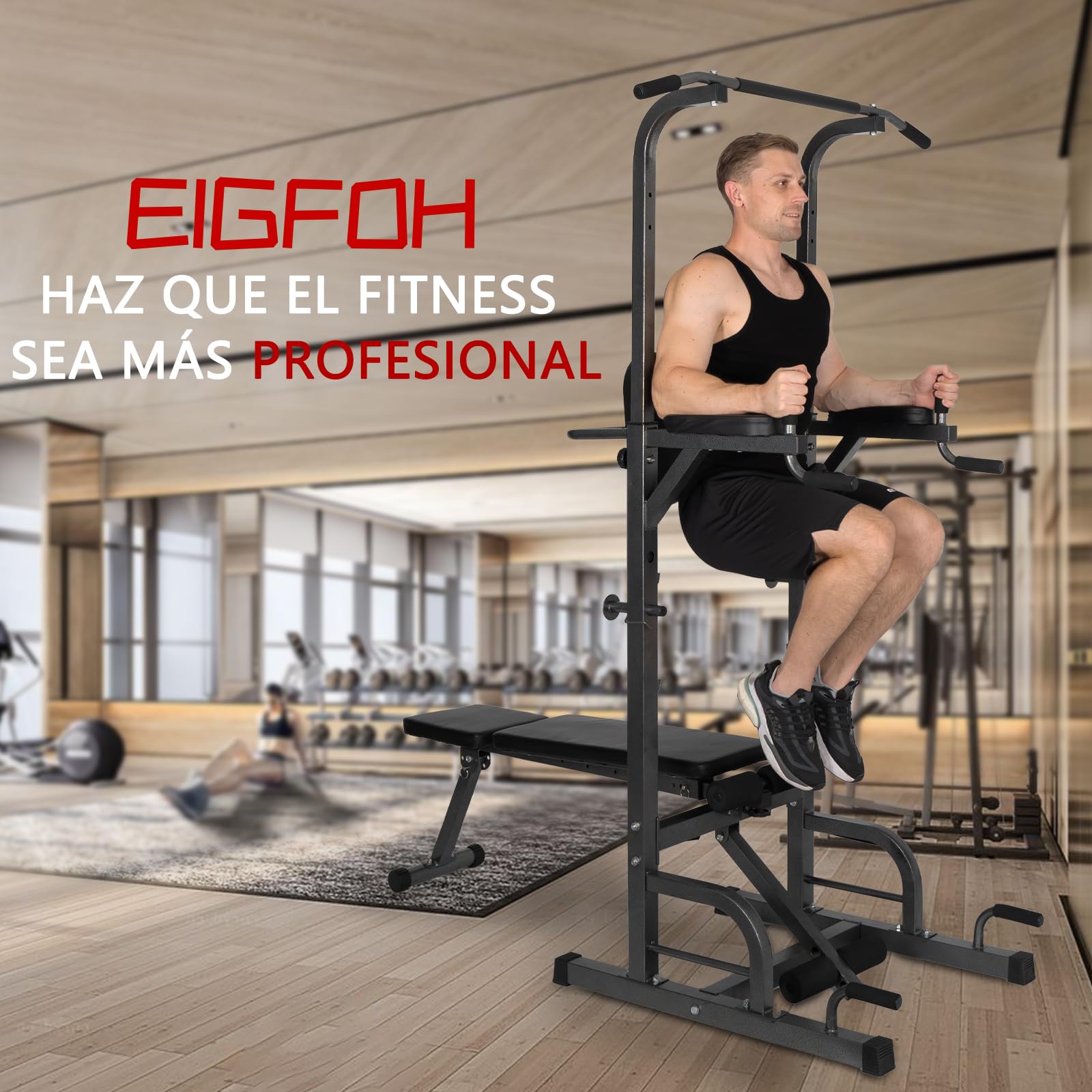 Estación de Dominadas, Maquina Dominadas Altura Ajustable, Máquina de Musculación con Banco de Pesas Plegable, Estación de Musculación para Fitness en Casa Gimnasio