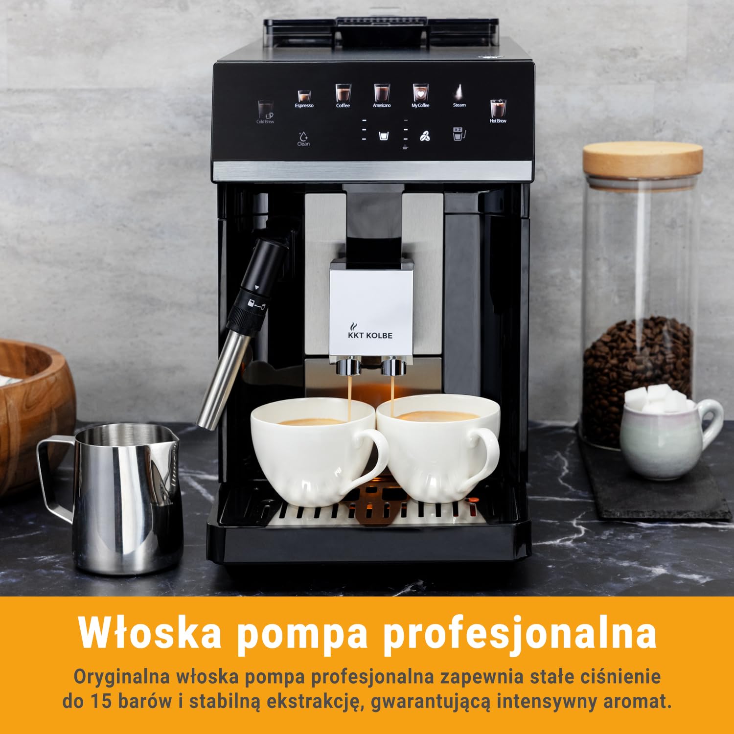 KKT KOLBE W pełni automatyczny ekspres do kawy z dyszą do spieniania mleka, ColdBrew i akcesoriami, funkcja 2 filiżanek, 15 bar, 7-stopniowy mechanizm mielący, ekran dotykowy, automatyczne czyszczenie
