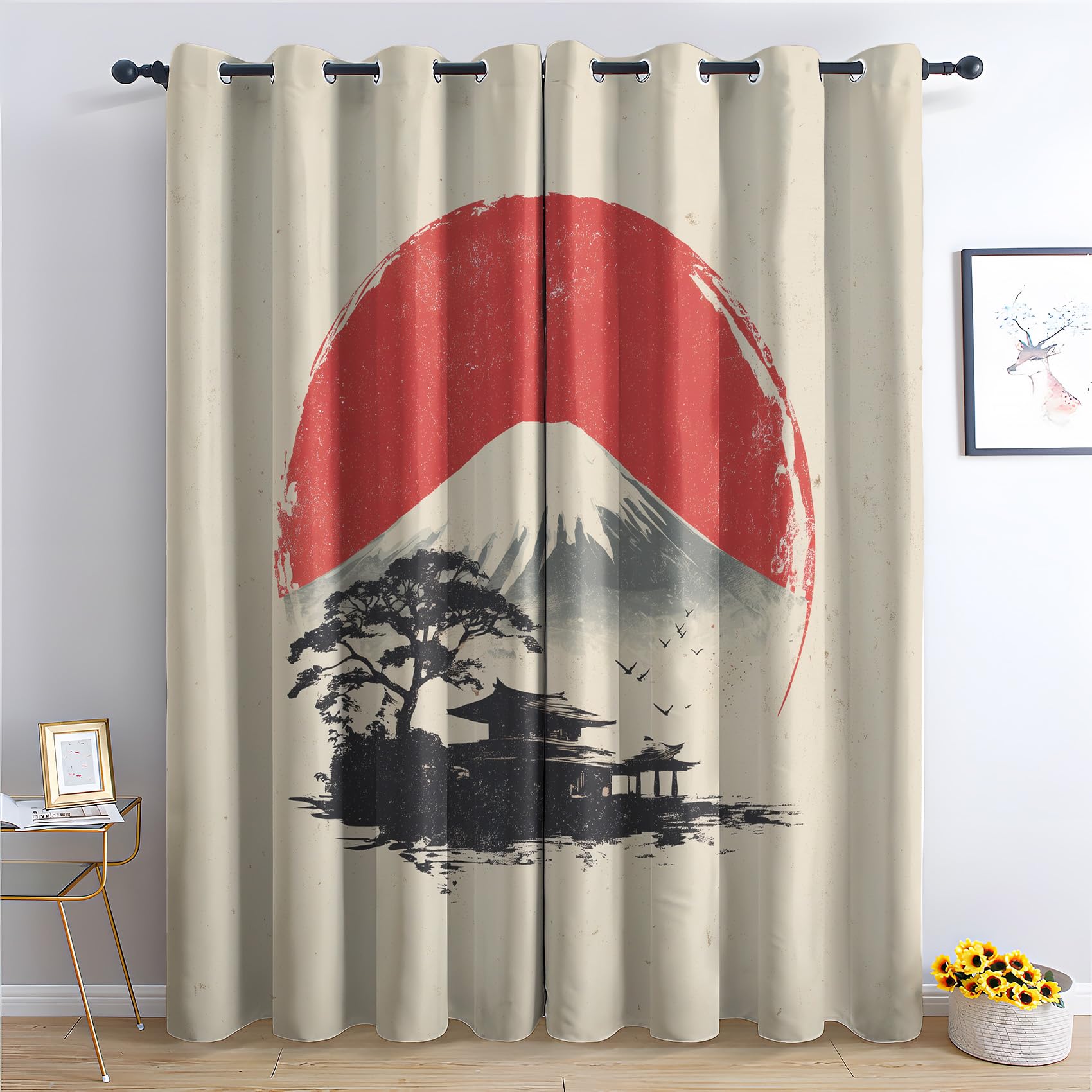 Venivici Japanese Mount Fuji Blackout Curtains for Bedroom Living Room - 84 Inch Drop Curtains Eyelet, Red Sun Asian Patterned Window Treatments, Thermal Insulated Drapes 52x84 2 Panels