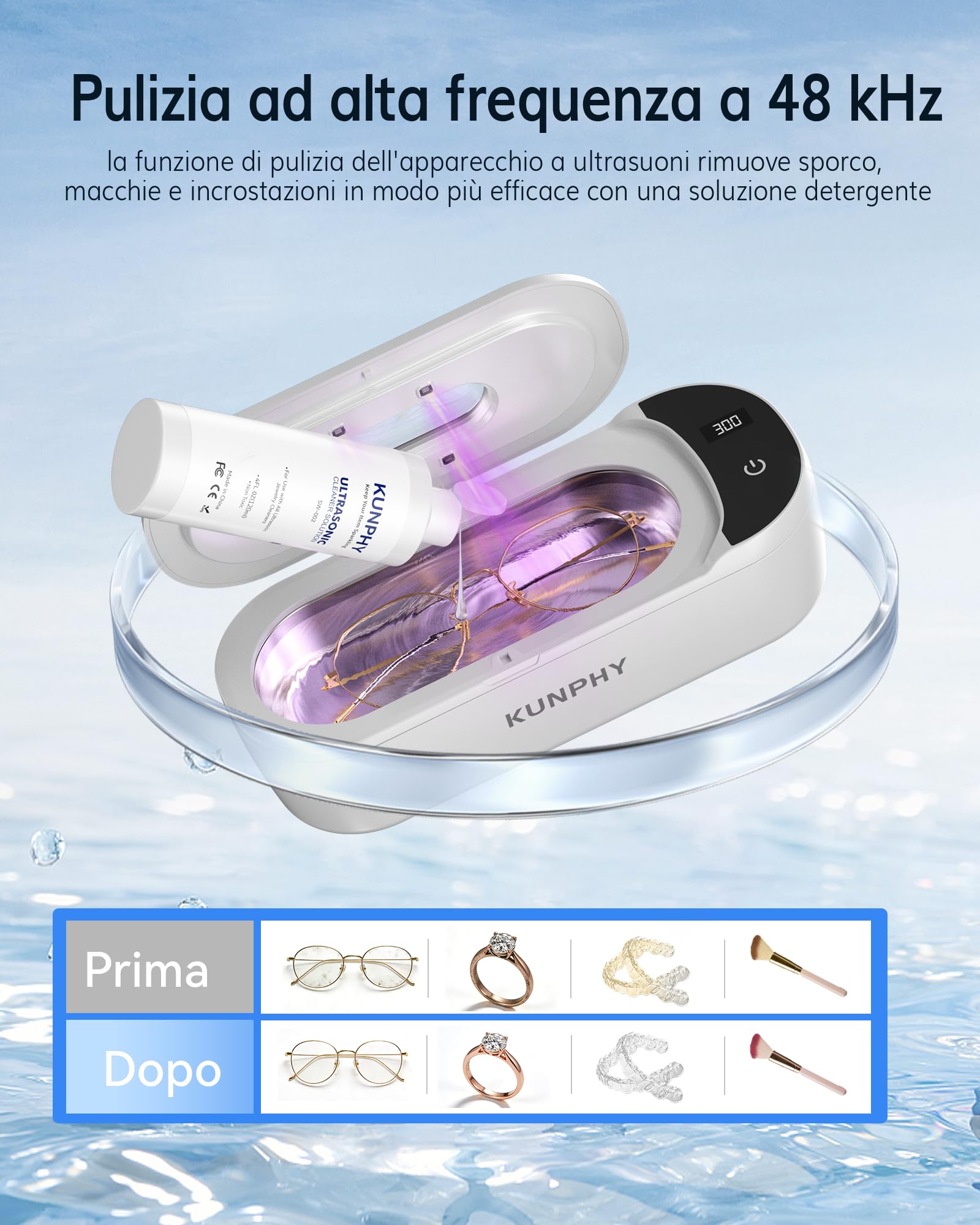 Pulitore ad ultrasuoni, 48 kHz, pulitore ultrasonico, adatto per gioielli, parentesi graffe e rasoi
