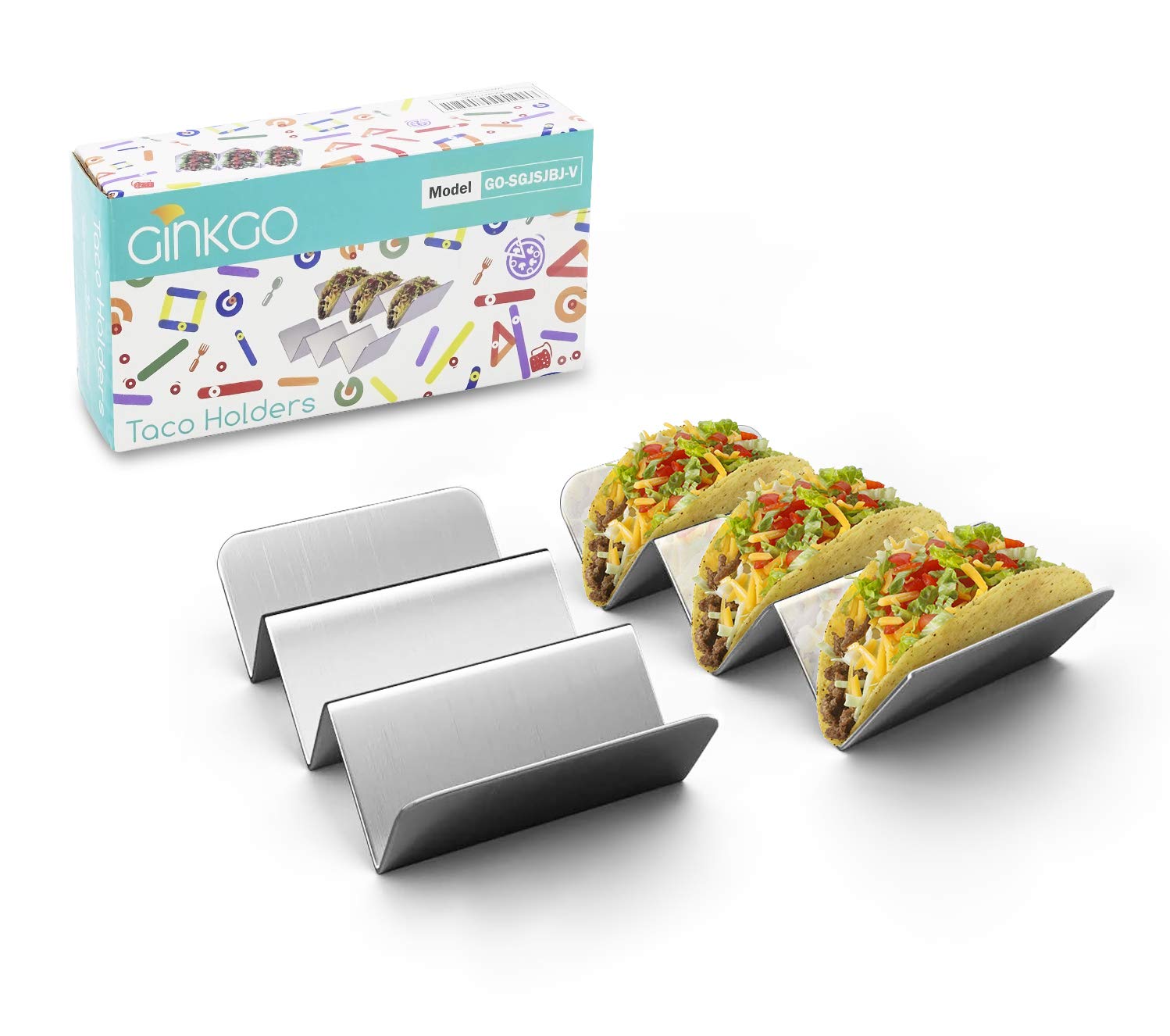 GINKGO Taco Holders, Stainless Steel Taco Holder Stands Set of 2, Each Taco Stand Rack Holds Up 2 to 3 Soft & Hard Shell Tacos, Dishwasher & Oven & Grill Safe