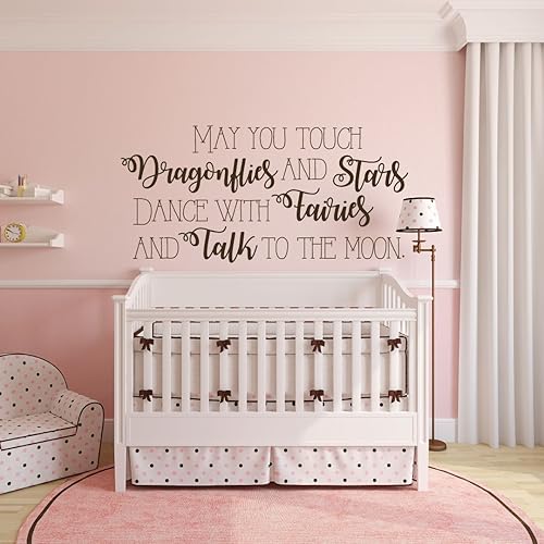 Nursery Wall Decal - "May You Touch Dragonflies And Stars" Quote Lettering - Elegant Vinyl Wall Decor for Baby's Room - Crib Accent for Newborn Boy