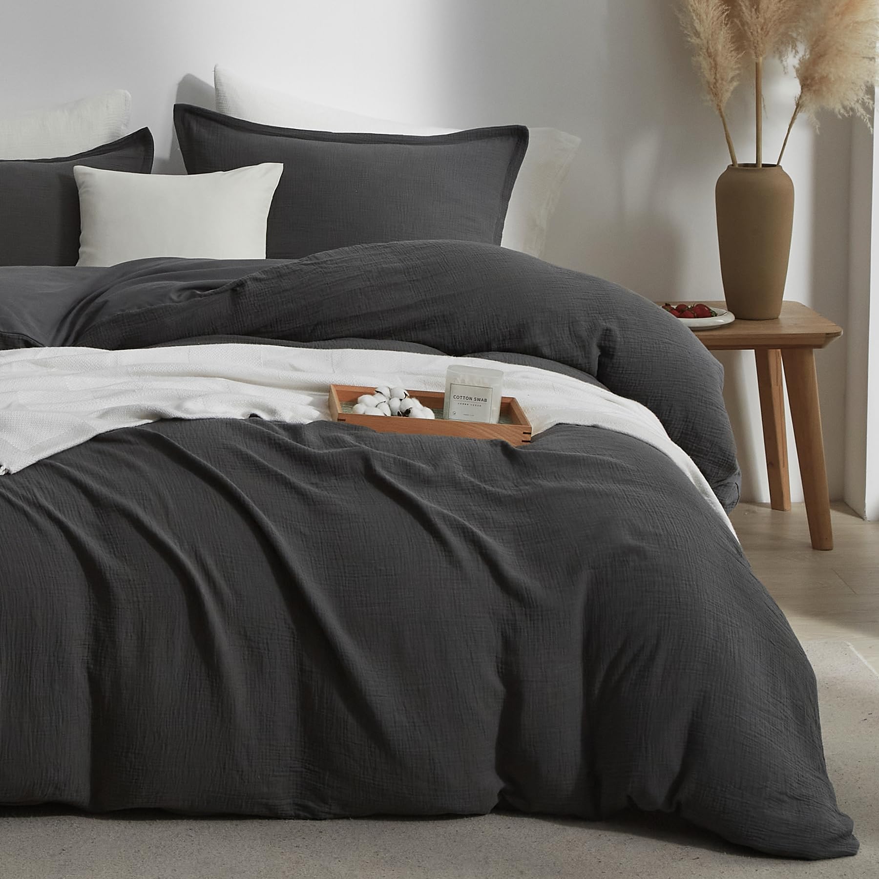 Photo 1 of Bailix Muslin Duvet Cover Set Queen Size, 100% Washed Cotton Gauze Duvet Cover for All Seasons, Linen Like, 3 PCS, 1 Fluffy Duvet Cover(90"x90") with 2 Pillow Shams(20"x26"), Gray