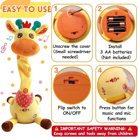 Singing Dancing Giraffe Toy, Talking Giraffe Toy, Repeats What You Say, Interactive Baby Toy, Voice Recording, Light-up Sensory Plush Toys Gifts for Baby Boys Girls Kids, Children's Songs, Volume+/-