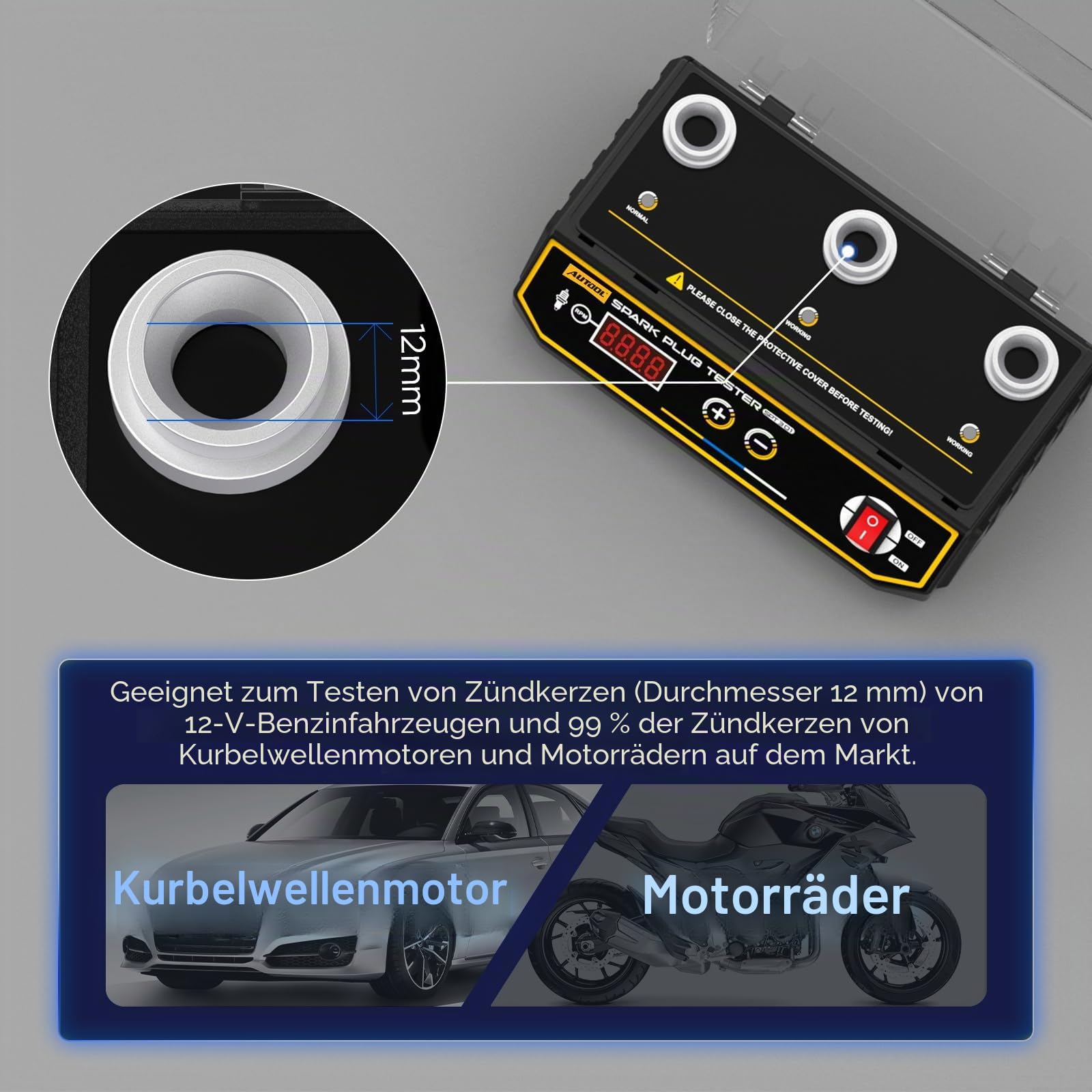 AUTOOL Zündkerzenprüfer für Autos, 200-9000 U/min, einstellbare Arbeitsfrequenz, drei Zündkerzenlöcher, Werkzeug mit Schutzkappe