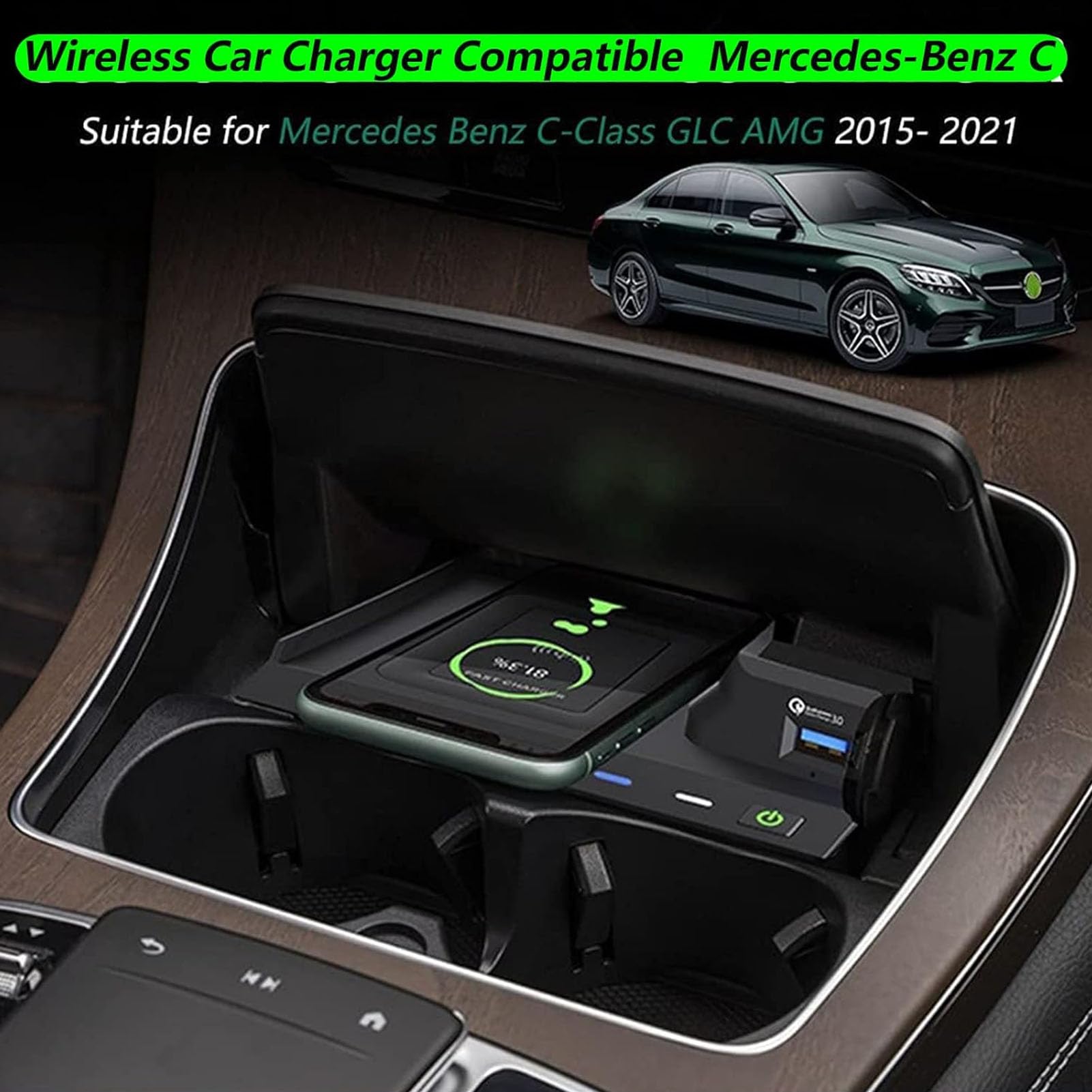 Cargador Inalámbrico para Mercedes-Benz Clase C GLC AMG 2015-2021 Panel De Accesorios para Consola Central De Coche 15W para Cualquier Teléfono Compatible con Qi