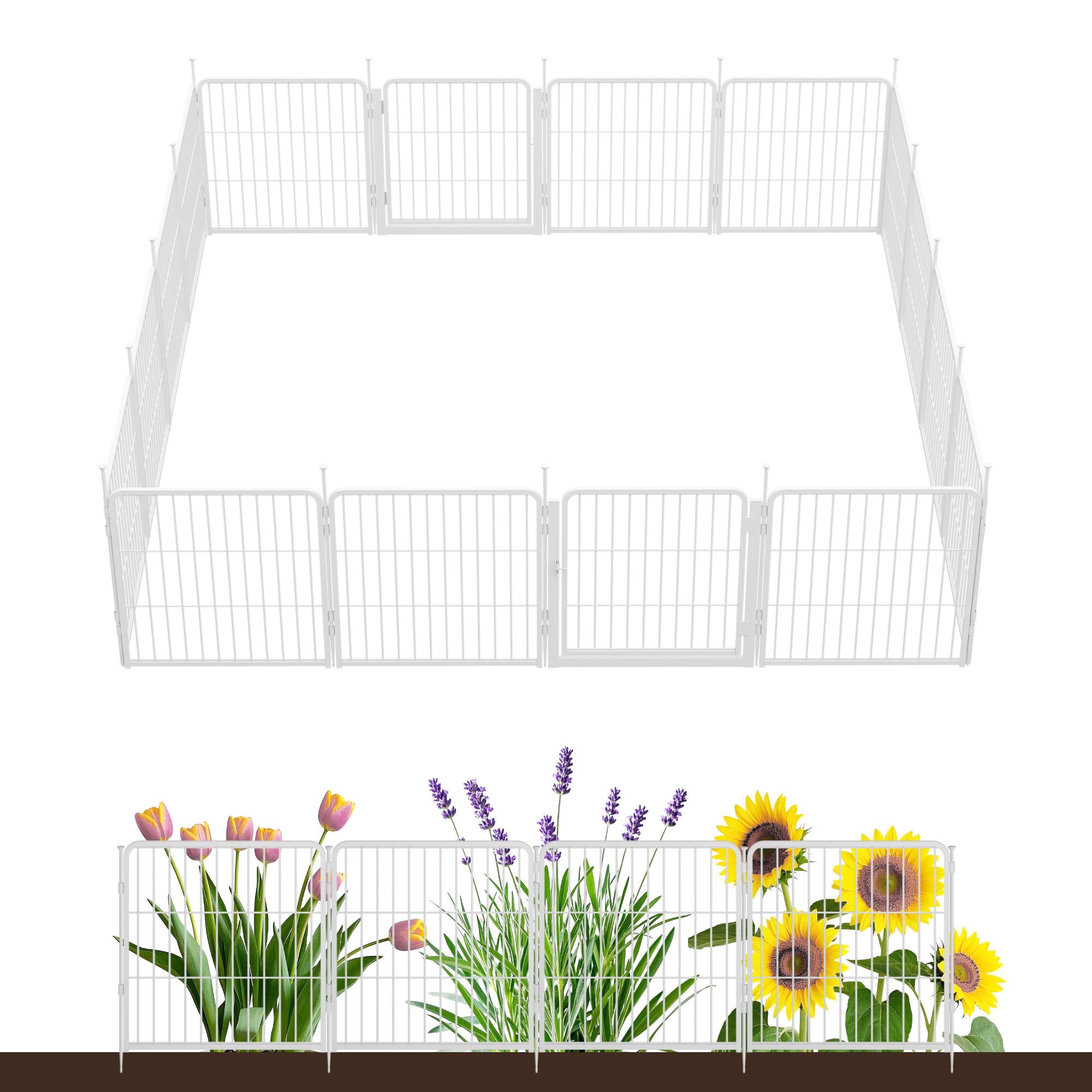 Decorative Garden Fence with Gate 60 cm(H) x 9 m(L) 16 Panels, Heavy Duty Metal Animal Barrier Fence for Yard, Flower Bed Fencing, Garden Border Fences, Easy Set Up, White