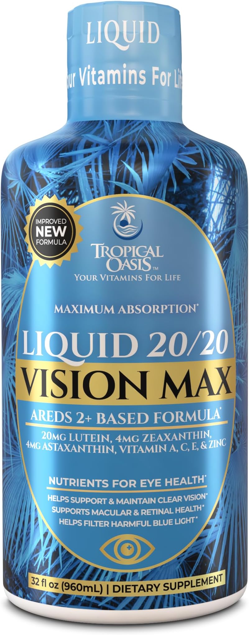 Liquid 20/20 Vision - Eye Vitamin Formula w/20mg Lutein, 4mg Zeaxanthin, 4mg Astaxanthin for Vision Support –Max Absorption- Great Taste & No Pills to Swallow– 32 Serv, 32oz