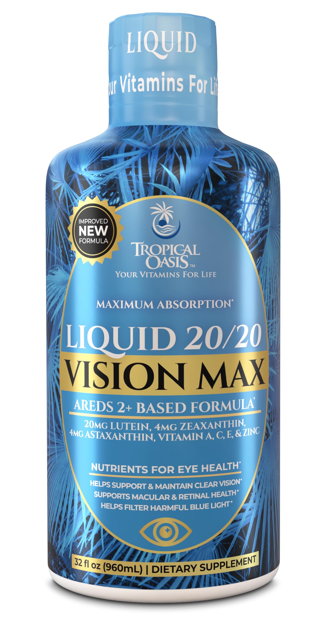 Liquid 20/20 Vision - Eye Vitamin Formula w/20mg Lutein, 4mg Zeaxanthin, 4mg Astaxanthin for Vision Support –Max Absorption- Great Taste & No Pills to Swallow– 32 Serv, 32oz