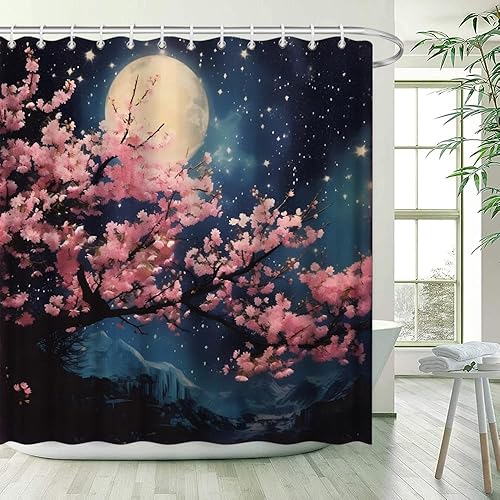 Miniatura 4 de Juego de 2 piezas de baño con diseño de flor de cerezo, luna llena que brilla en el cielo nocturno azul y cielo estrellado, pintura al óleo, plantas