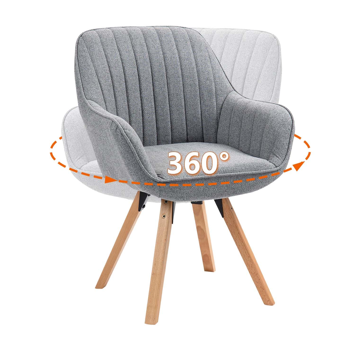 Meuble Cosy Chaise Salle à Manger Scandinave Fauteuil Coiffeuse Siège Pivotant avec Accoudoirs pour Chambre Salon Cuisine Bureau, Rembourré en Tissu Pieds en Bois Massif, Gris, 60x58x83cm