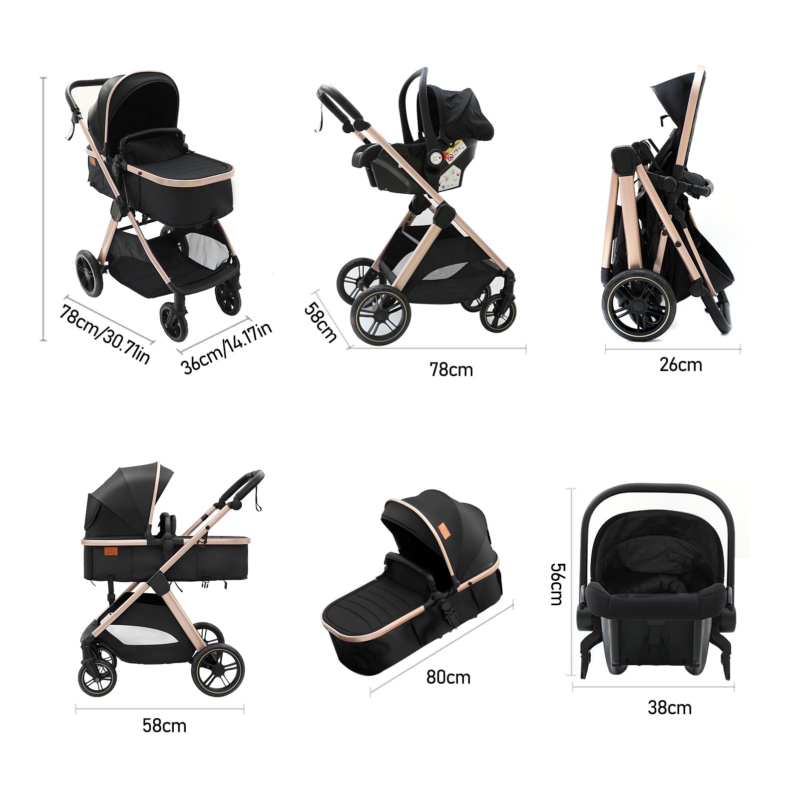 Passeggino 3 in 1, Trio Neonati da Viaggio Reversibile, Passeggino Pieghevole One-Click e Accessori Completi, Doppia Modalità di Freno per Ruote Anteriori e Posteriori