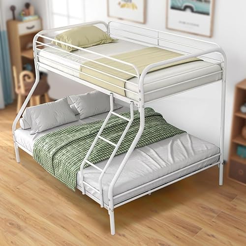 EMKK Litera de suelo de metal, cama individual sobre matrimonial, litera de metal, camas de tamaño individual sobre matrimonial con barandilla de