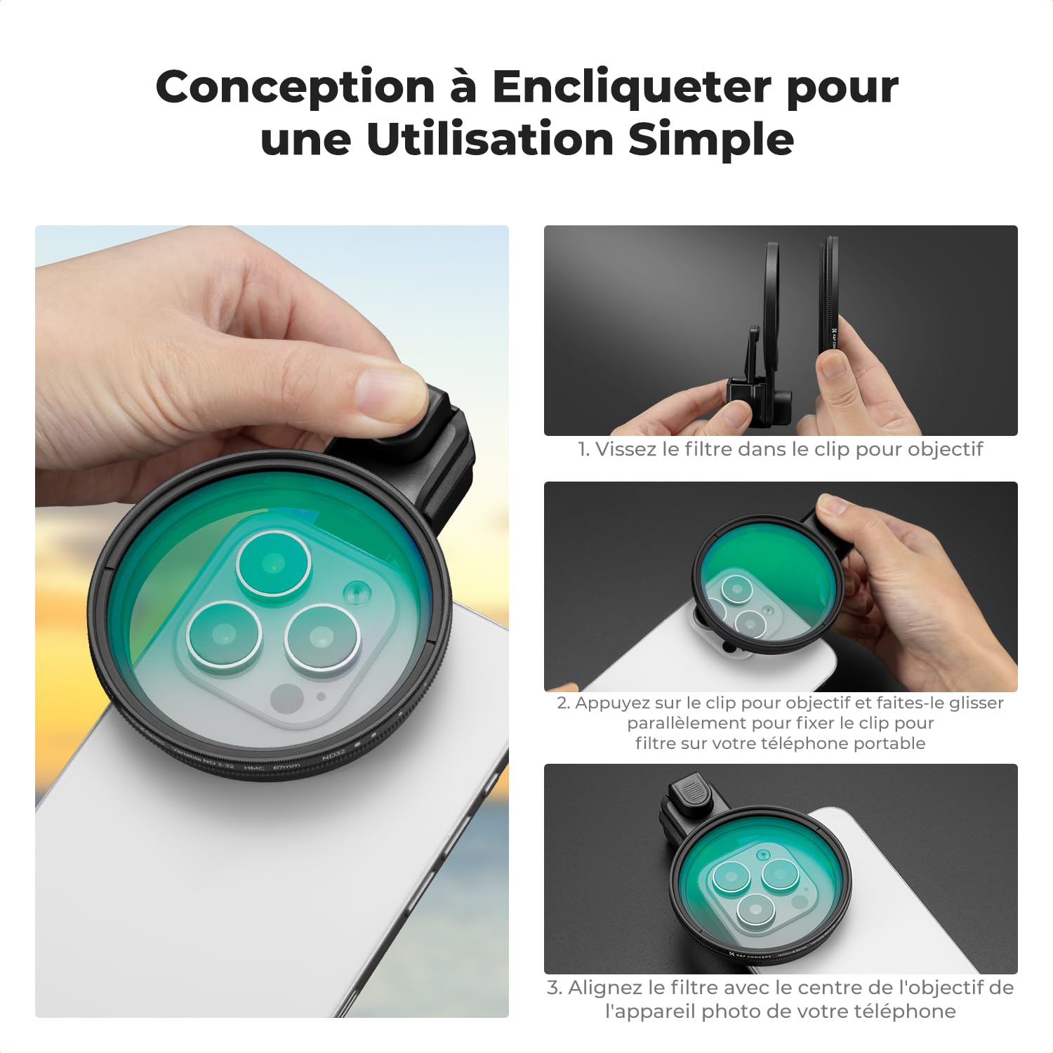 K&F CONCEPT 67mm Kit de Filtres pour Téléphone Objectif ND2-32, Filtre de Réduction de La Lumière à Densité Neutre, Compatible avec iPhone 17/16/15/14/13/12, 16/15/14/13/12 Pro et Pro Max, Samsung