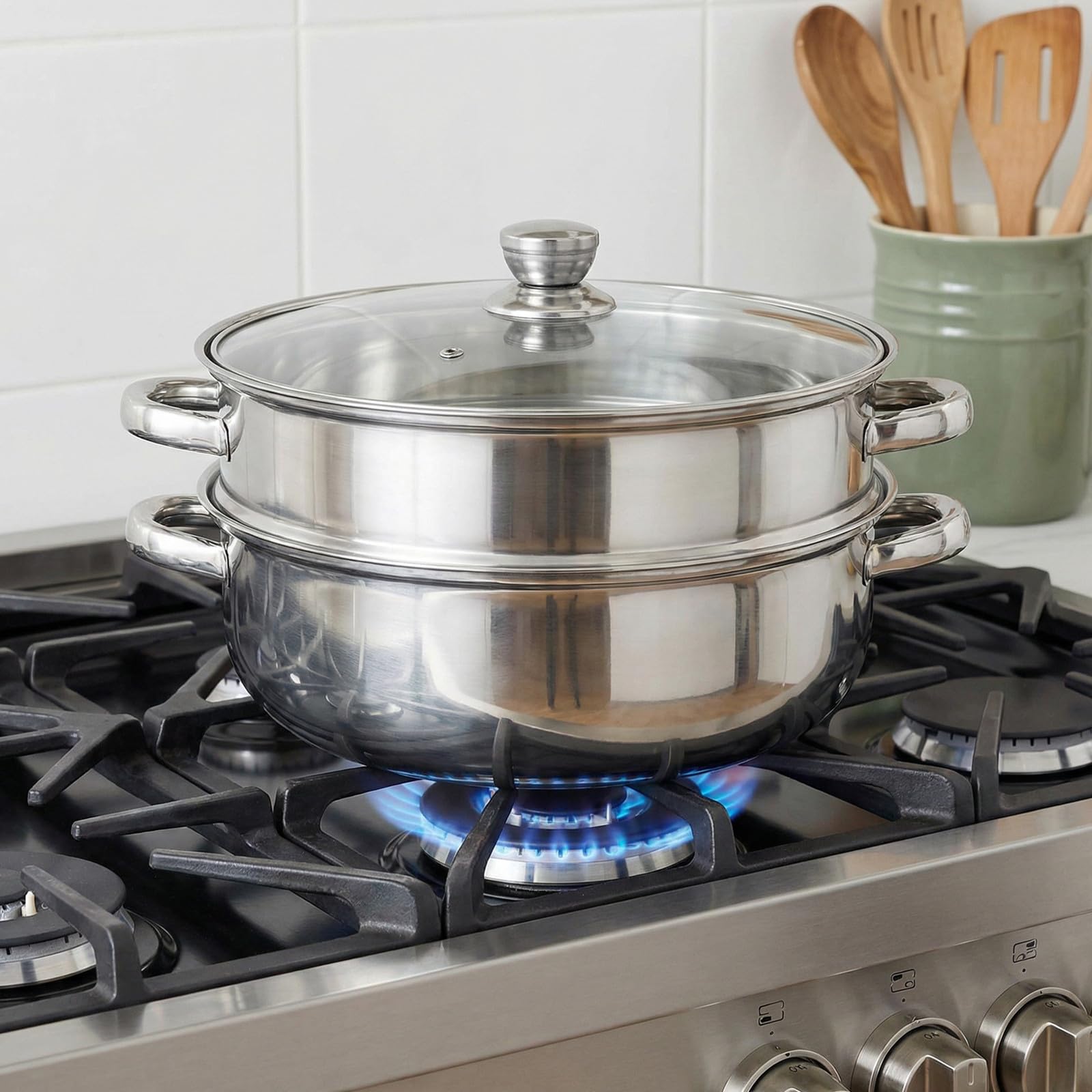 Operitacx Vaporiera Doppio Strato in Acciaio Inossidabile con Manici Ergonomici e Vetro, Compatibile per Cucina Domestica e Cottura a Vapore di Verdure e Zuppe