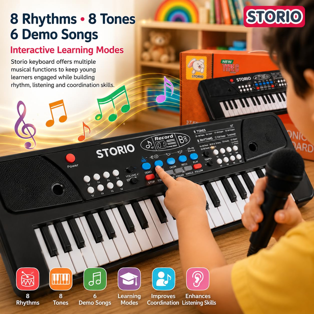Storio Kids Piano Keyboard with Mic | 37 Keys, 8 Rhythms, 8 Tones & 6 Demo Songs | Electronic Musical Toy for Boys & Girls Age 2-5 | Educational & Recording Keyboard for Beginners — Amazon image 4