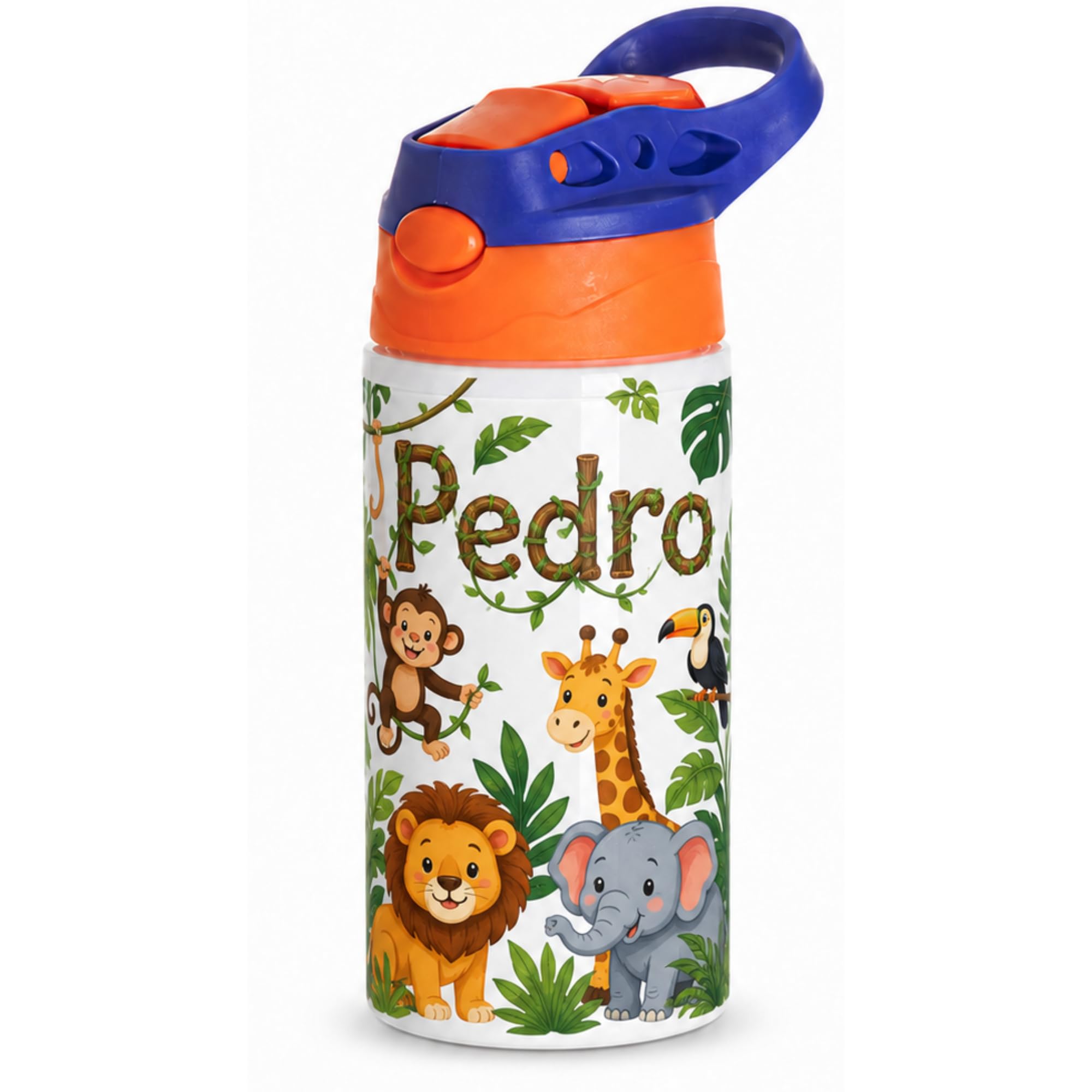 Botella Infantil Personalizada con Foto y Texto - Boquilla de silicona y boton de apertura - 500 ml de capacidad - Regalo Original - Botella Personalizada - Botella de agua niños (Naranja/Violeta)