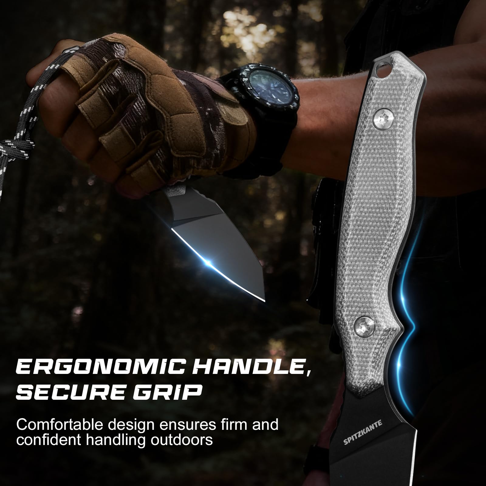 EDC couteau lame fixe, 7,2 cm lame, couteau de survie en acier 8Cr14MoV, Full-Tang, Reverse Tanto de survive avec manche en Micarta et étui Kydex pour camping