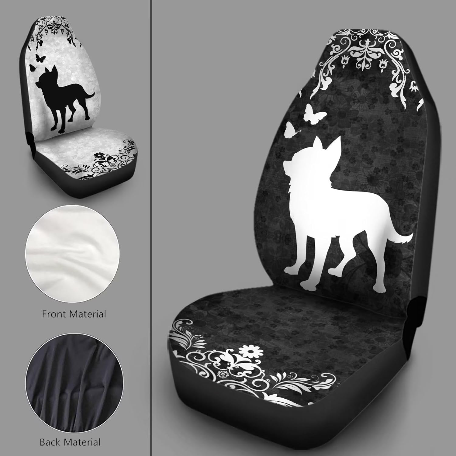Howilath Car Seat Cover Universal Black & Grey Baroque Chihuahua Floral Printed Hippie Van Auto Front Seats Covers 2 Sets