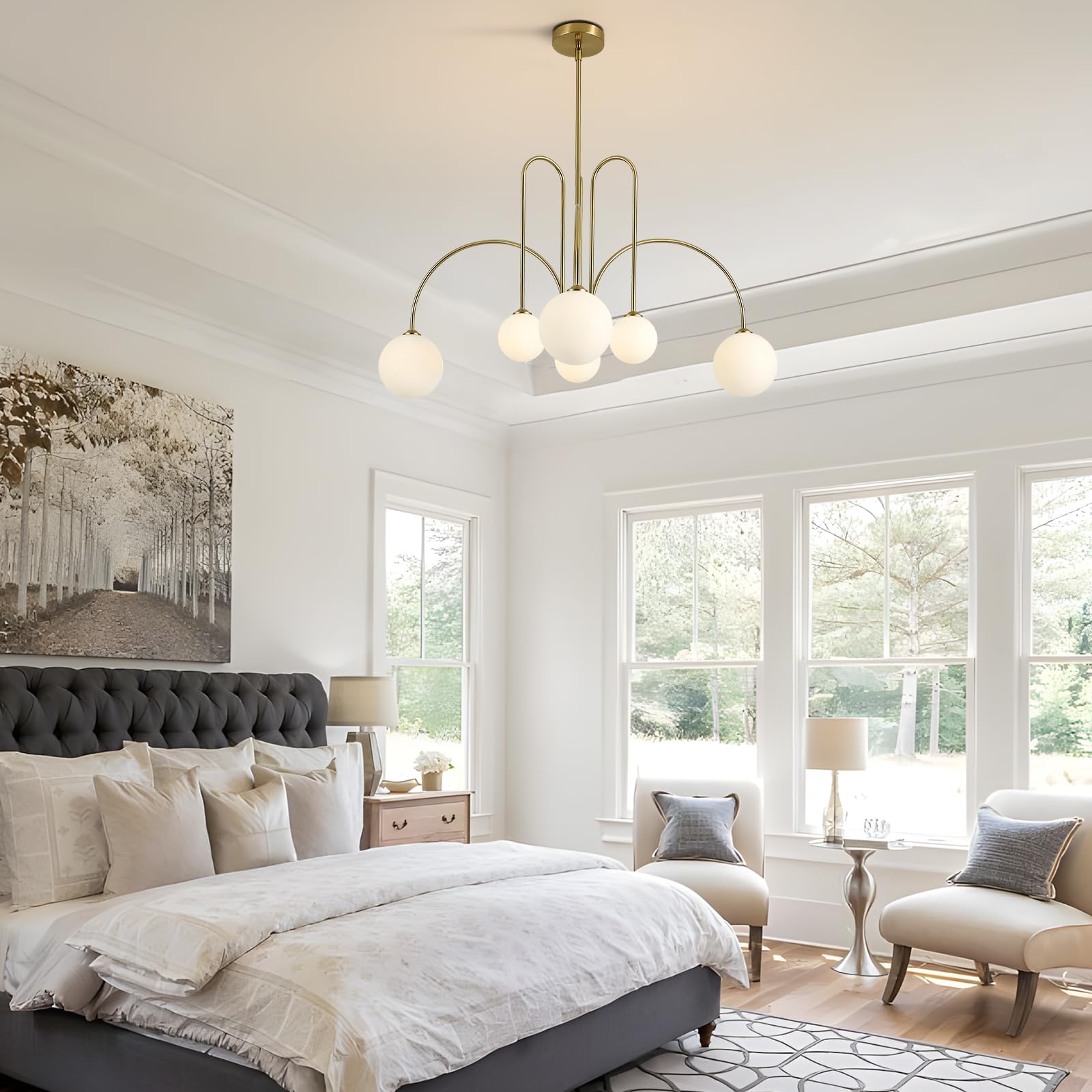 KCO Lighting Lámpara de Techo Sputnik con Esferas de 6 Luces para Salón, Dorada con Esferas de Cristal, Diseño Moderno para Comedor, Dormitorio, Recibidor y Cocina