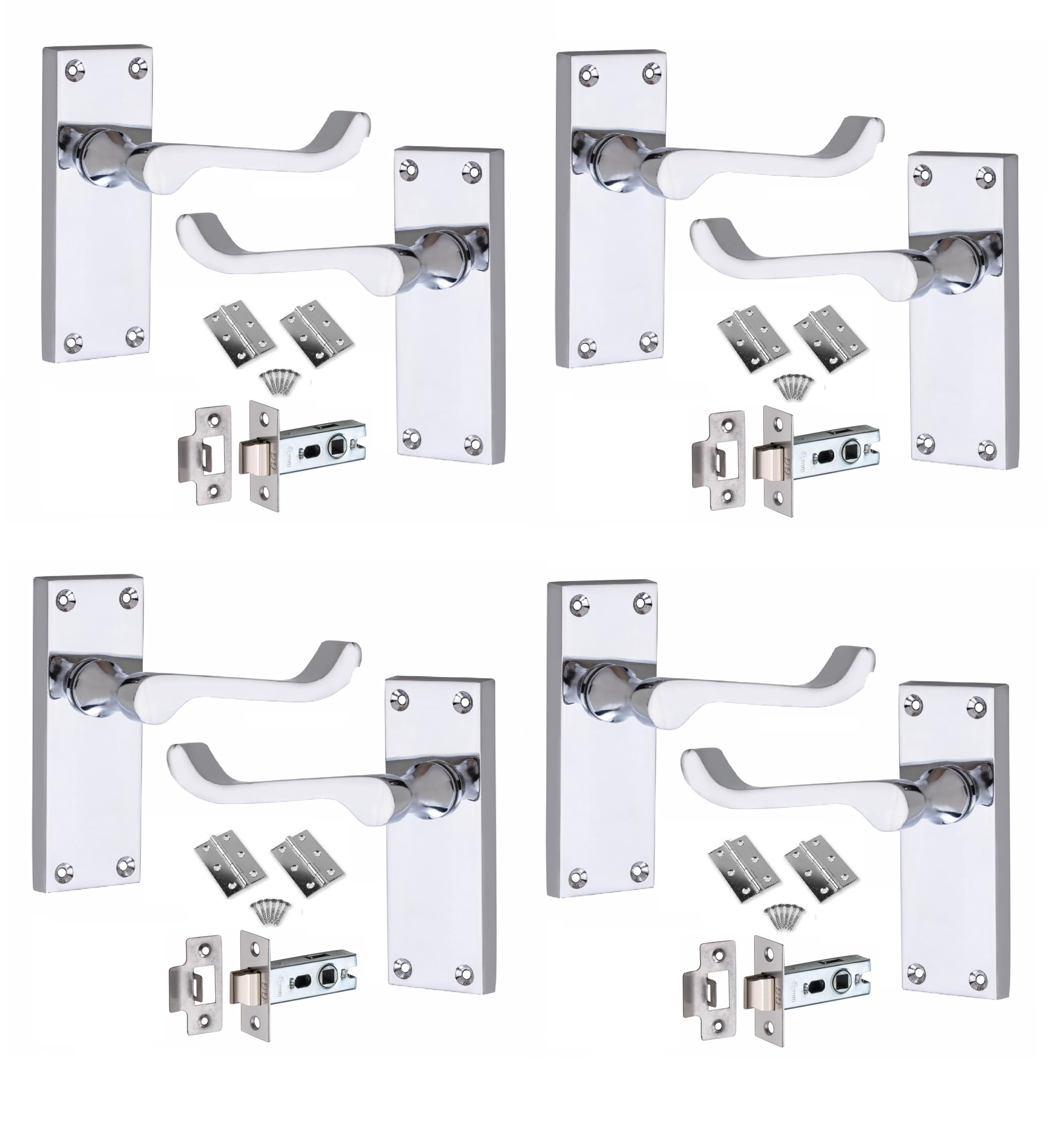 Golden Grace Polished Chrome Victorian Scroll Door Handles Latch In Finish With Hinges & Latches Pack, 4 Sets - 120Mm X 40Mm Backplate