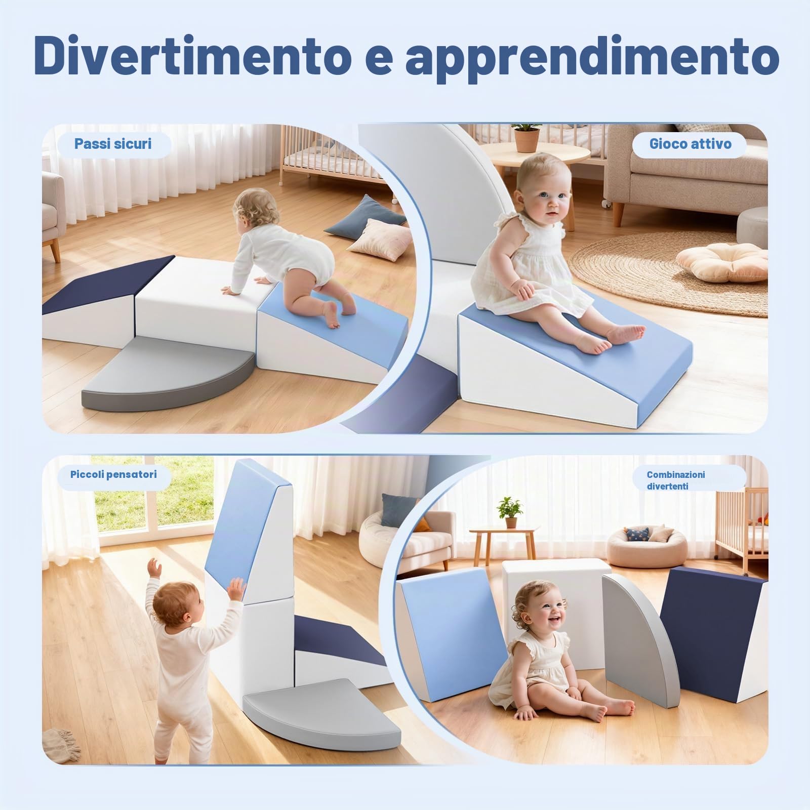 Baby Soft Play Set: 4 Pezzi Blocchi Soft Play in Pelle PU per Bambini - Attrezzatura Soft Play per Bambini Piccoli - Parco Giochi da Interno Giocattoli per Arrampicarsi e Gattonare (Blu)
