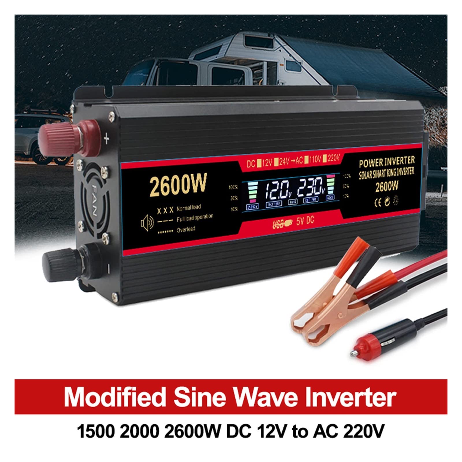 Auto Solar Power Inverter 1500W 2000W 2600W Inverter 12v 220v Display LCD Presa UE Adattatore Onda sinusoidale modificata Dual 3.1A USB(2600W)