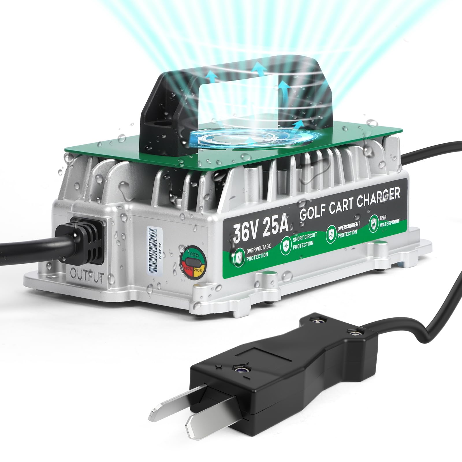 Caricabatteria da golf cart da 25 A, 36 V, per EZGO/Yamaha/Club Car 36 V, caricabatterie per golf cart IP67, impermeabile, completamente automatico, ricarica rapida intelligente con cavo da 16 m, per