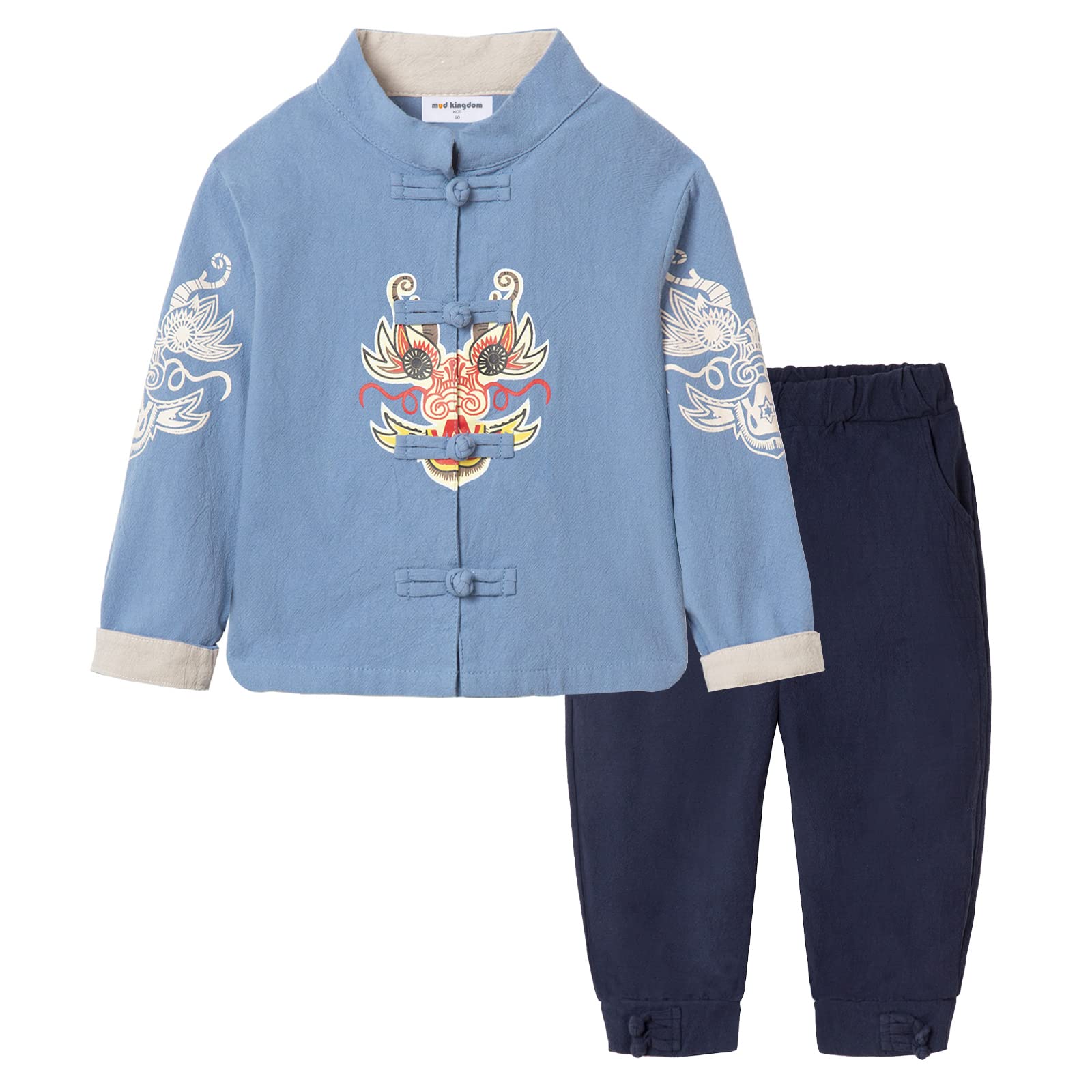 Mud KingdomBoys Girls Traditional Chinese Style Outfits New Year Tang Suit with Frog Button Dragon Embroidery 2-Piece Set