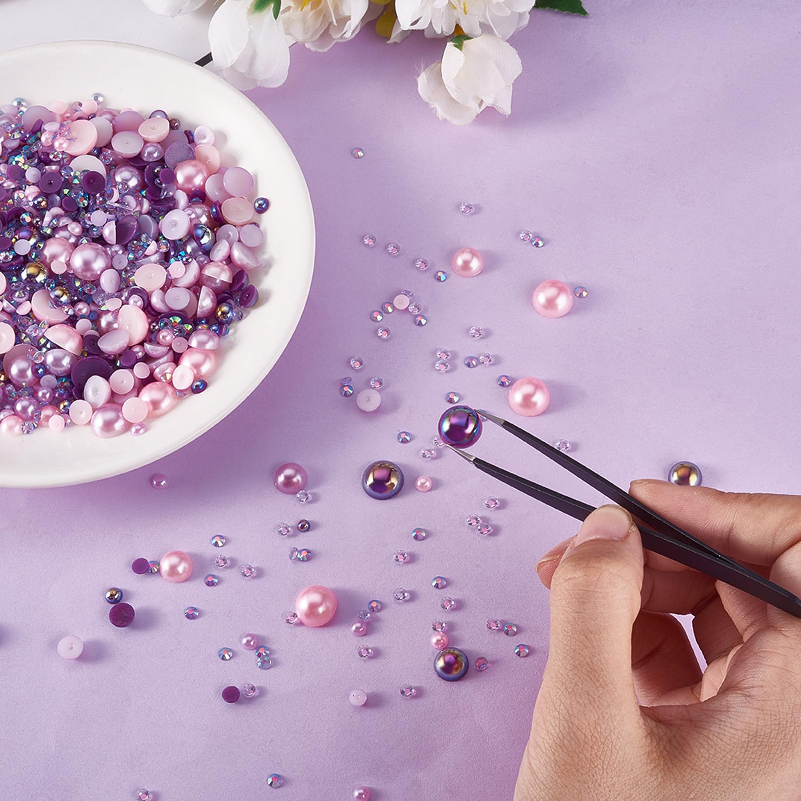 BEEFLYING 60g Mix Flatback Pearls & Resin Rhinestones Half Round Pearl Beads for Crafts 3mm-10mm Half Pearl Rhinestone for Face Art Tumblers Bottles Clothes Gift Card Jewelry Decor(Purple) - Image 3