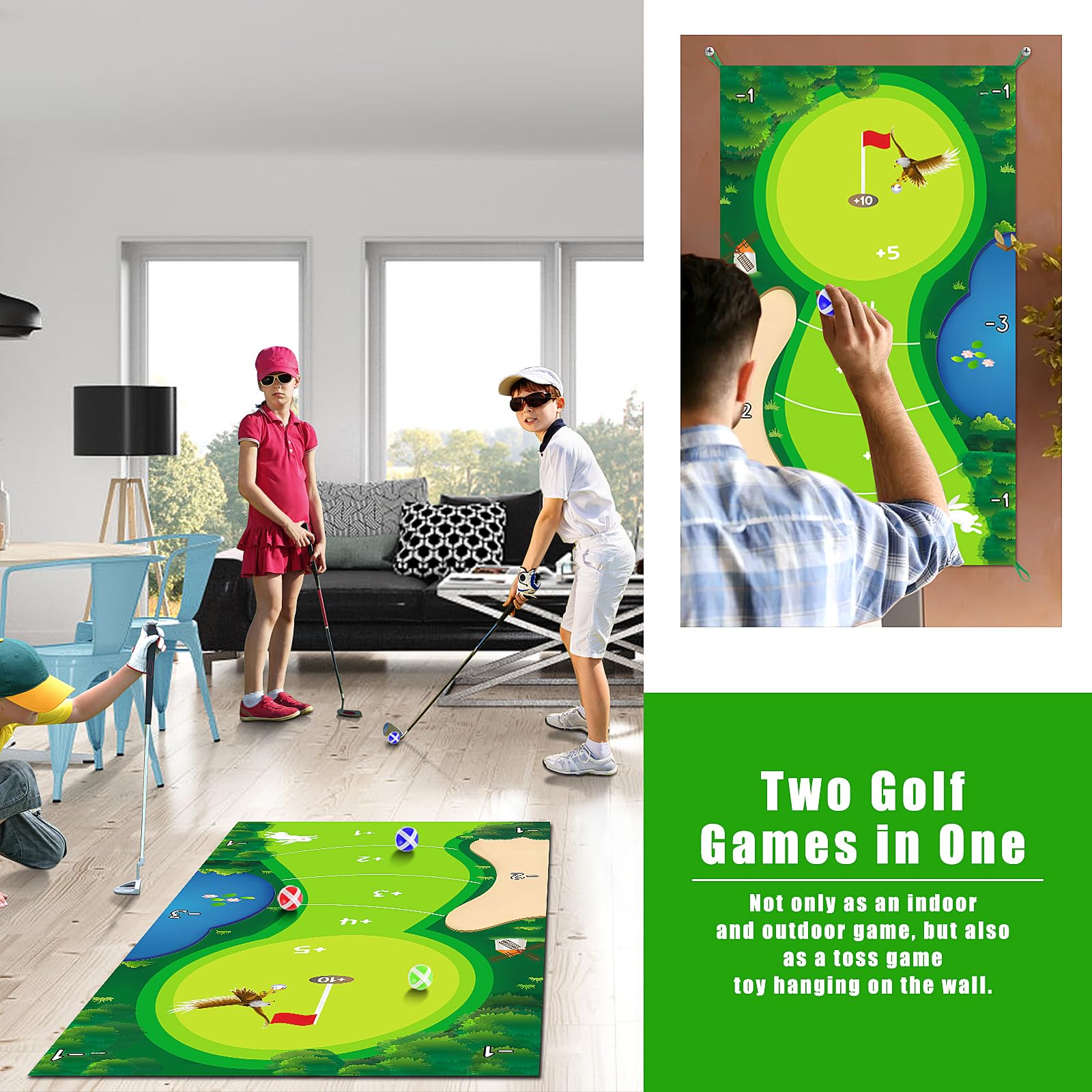 Mini Golf para el Hogar - Tapete de Entrenamiento 150 x 80 cm Con 16 Pelotas, Tablero de Puntuación y 2 Bolsas de Transporte - Juegos Casuales Battle Royale