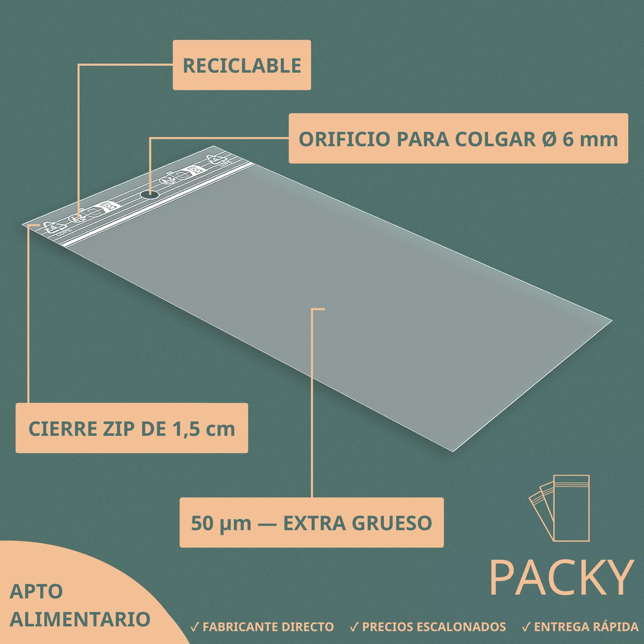PACKY - Bolsas Zip 25x35 cm - 100 Unidades - Autocierre - Plástico Transparente - Alimentos