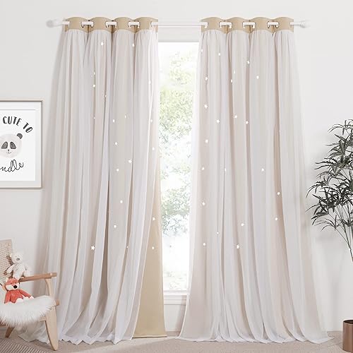 NICETOWN Cortinas opacas con diseño de estrellas para habitaciones de niñas, cortinas de princesa para ventana de dormitorio, con aislamiento