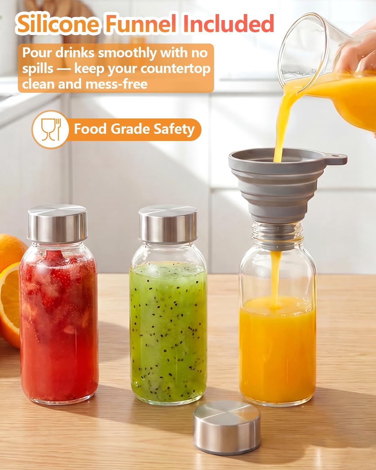 Zukro 8 oz Glass Water Bottles with Lids, Reusable Clear Juice Bottles With Stainless Steel Airtight Cap for Juicing, Ginger Shot, Milk, 250ml Leak Proof Small Smoothie Container, BPA Free, Set of 8