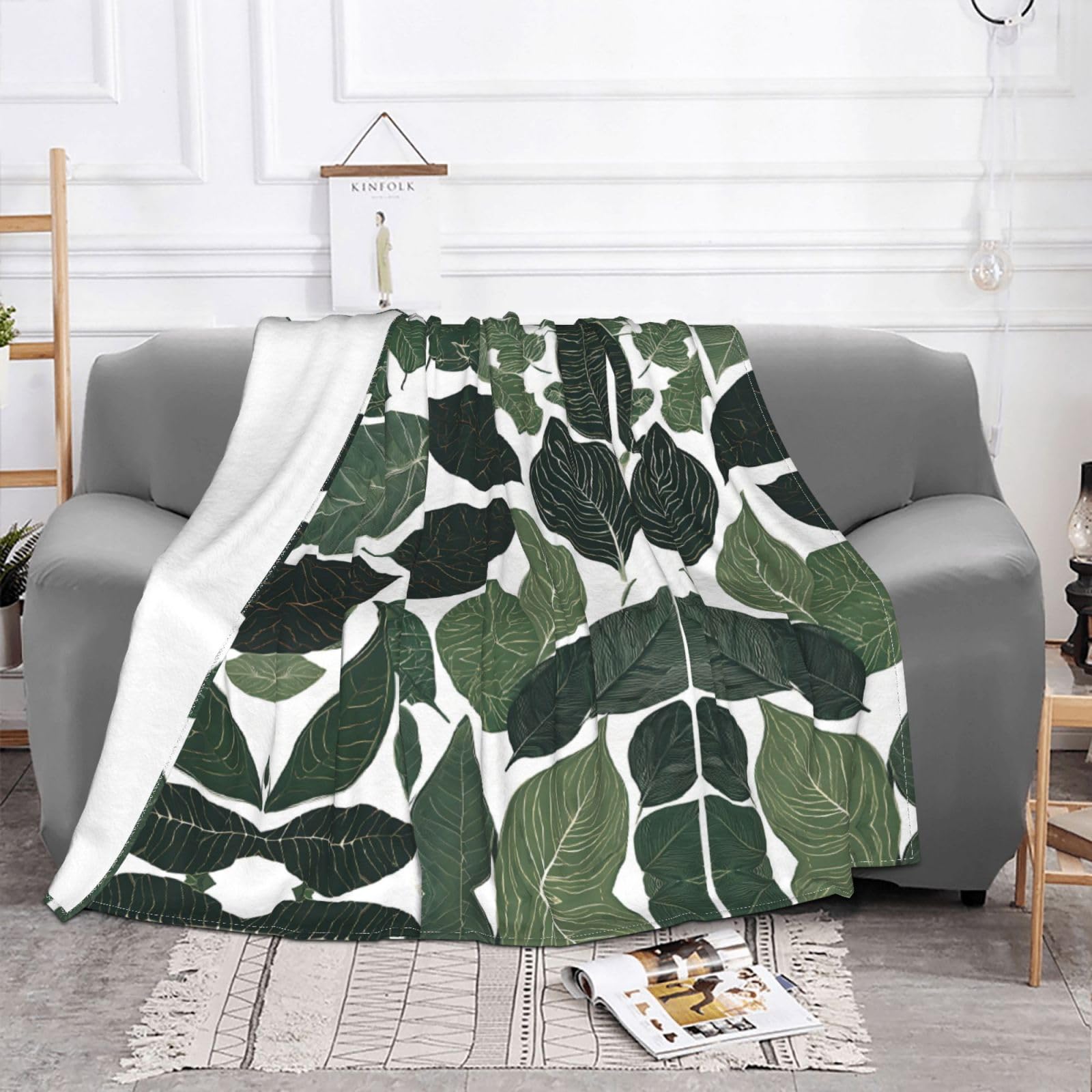 Couverture polaire pelucheuse imprimée feuilles chaudes et légères