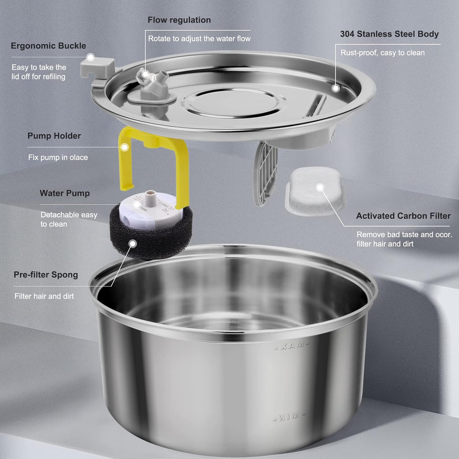 Petilog Stainless Steel Cat Water Fountain, 3.2L/108oz Automatic Pet Water Fountain for Multi Pet Households, Large Capacity Dog Water Dispenser with Ultra Quiet Water Pump : Pet Supplies