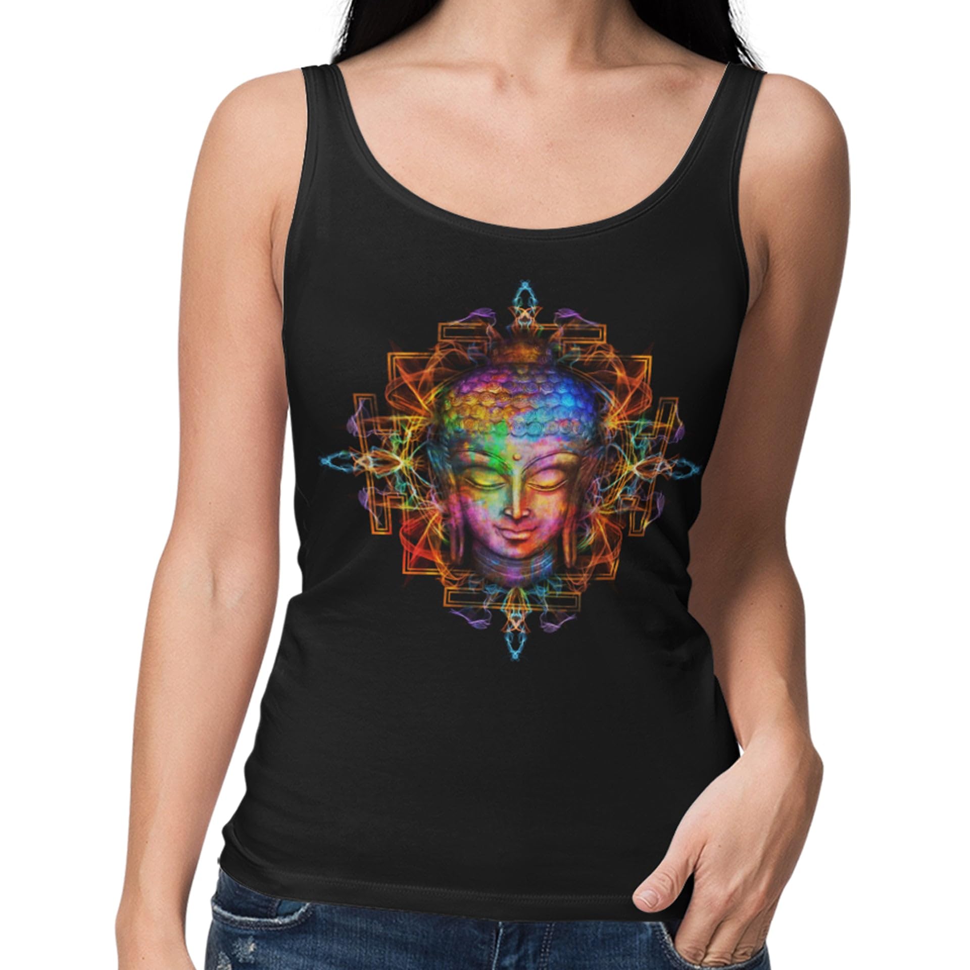 Tribal T-Shirts Women's Black Electric Buddha Psychedelic Vest Tank Top - Buddhist Yoga Meditation M