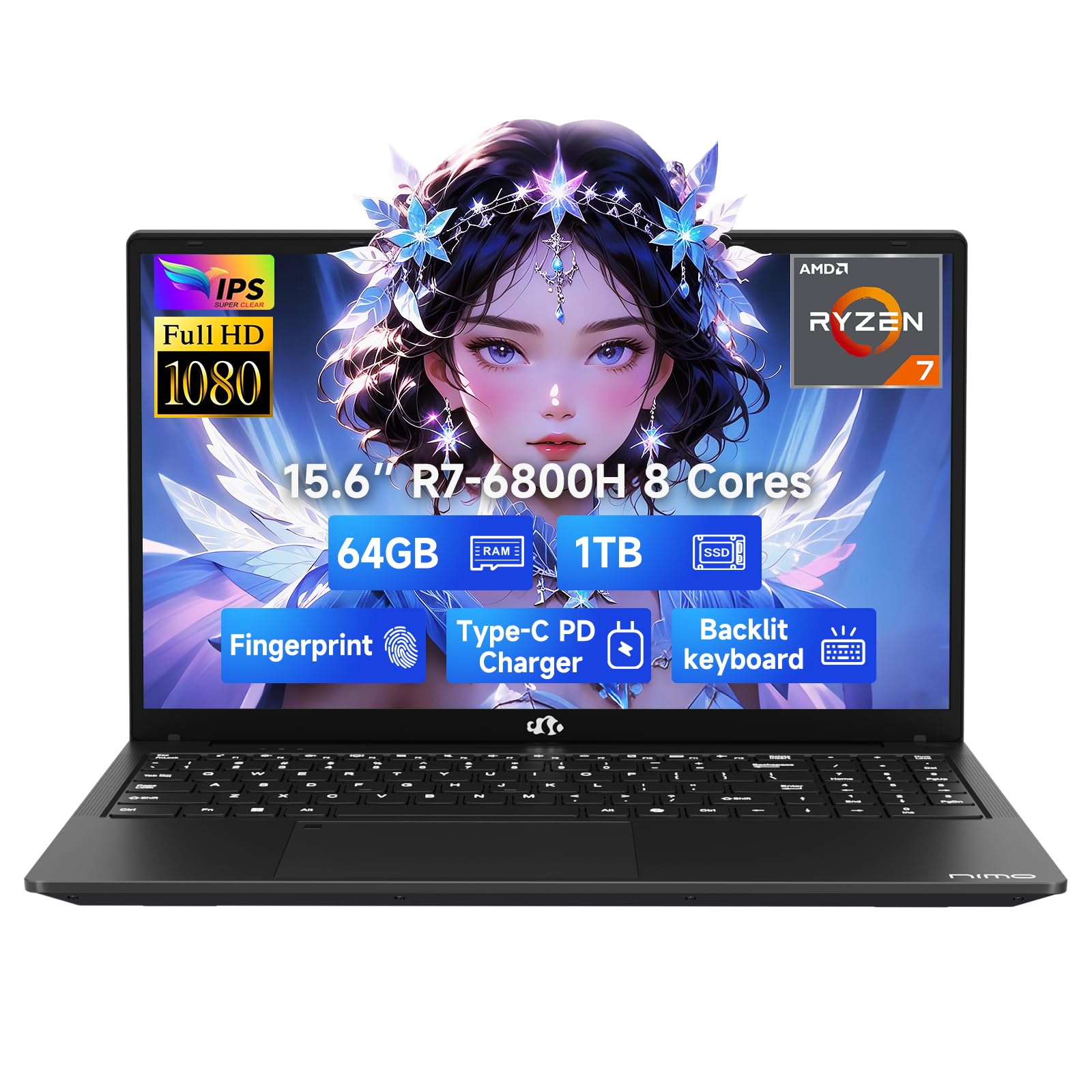 NIMO 15.6" FHD Gaming-Laptop, 8 Cores AMD Ryzen 7 6800H 64GB DDR5 RAM 1TB SSD (Beat Intel i7-12700H, Up to 4.7GHz) AMD Radeon 680M GPU, IPS Computer with 100W Type-C Backlit Keyboard