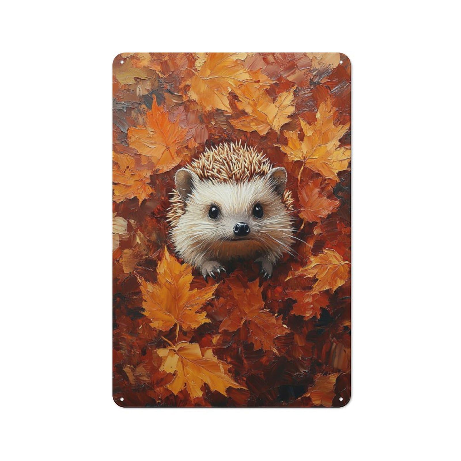 Junmoney Style-5 Tin Wall Plaque 30X20cm With Hedgehog In Autumn Leaves For Café Or Restaurant, New Home Wall Decor For Hospitality Interior Collectors