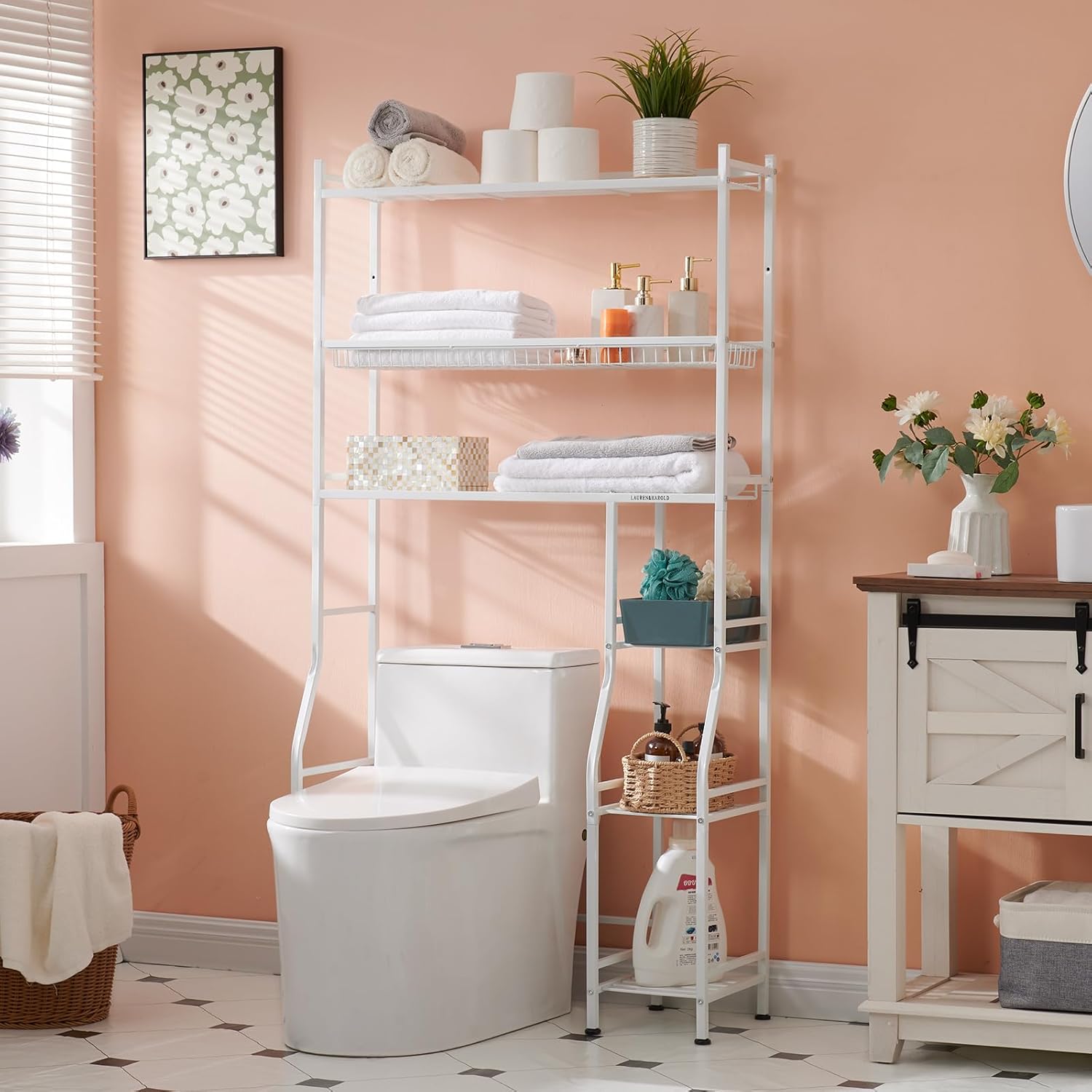 Lauren&Harold 6-Tier Over The Toilet Storage with Side Rack, 32.8" W x 12.2" D x 61" H Over Toilet Bathroom Organizer, Freestanding Above Over Toilet Storage Shelf for Restroom, Laundry, White
