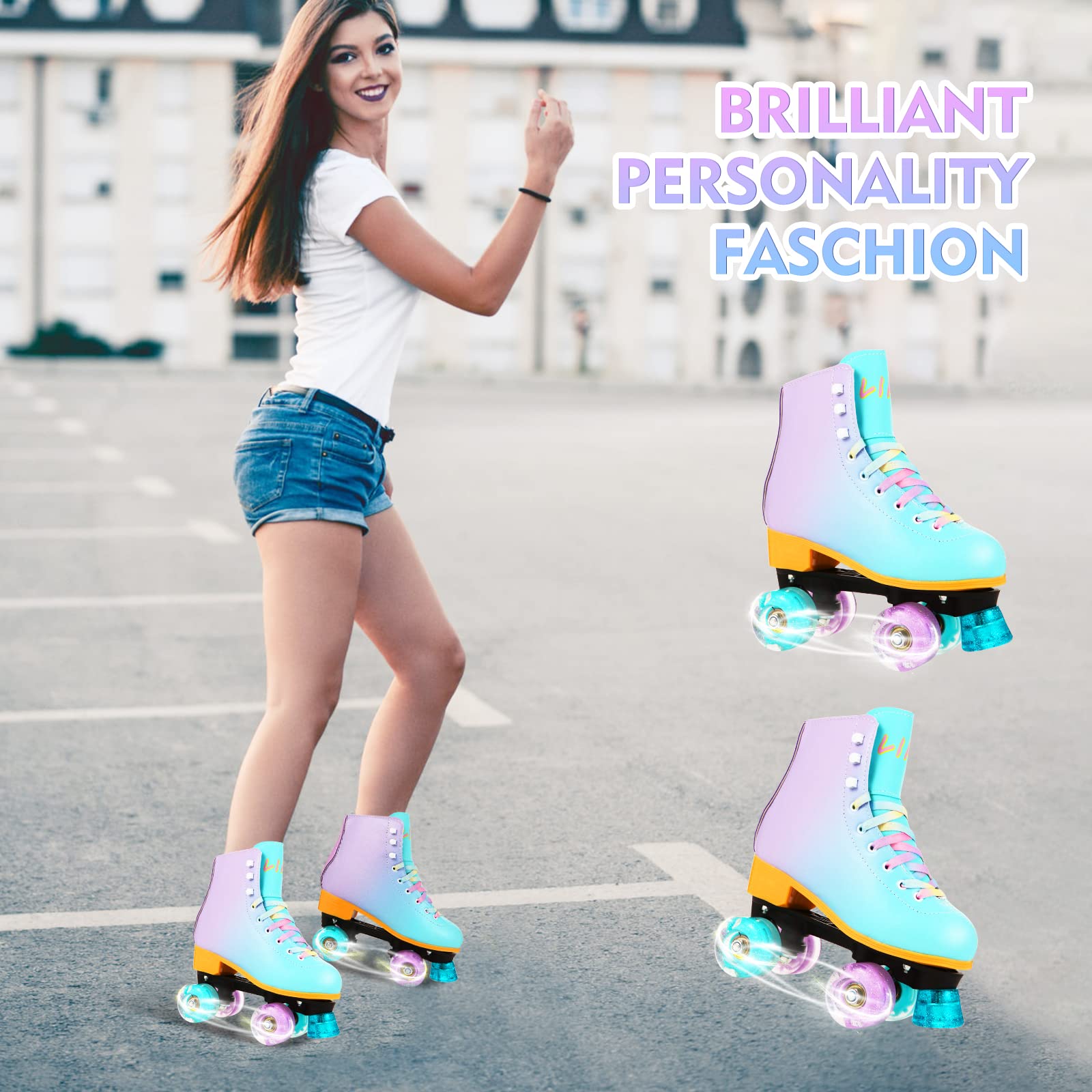 LIKU Quad Roller Skates for Girl and Women with All Wheel Light Up,Indoor/Outdoor Lace-Up Fun Illuminating Roller Skate for Kid