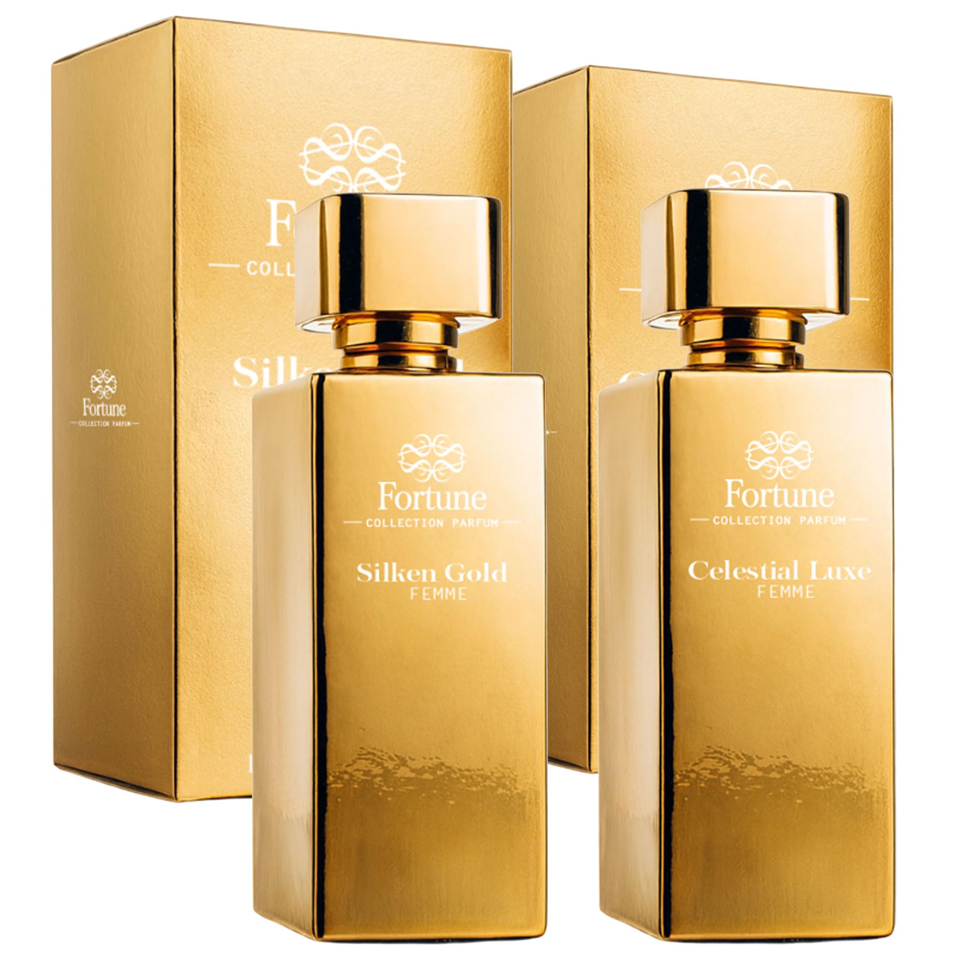 FORTUNE Celestial Luxe & Silken Gold - Eau de Parfum para Mujer 100 ml cada uno (Set de 2) | Fragancias Sofisticadas y Duraderas