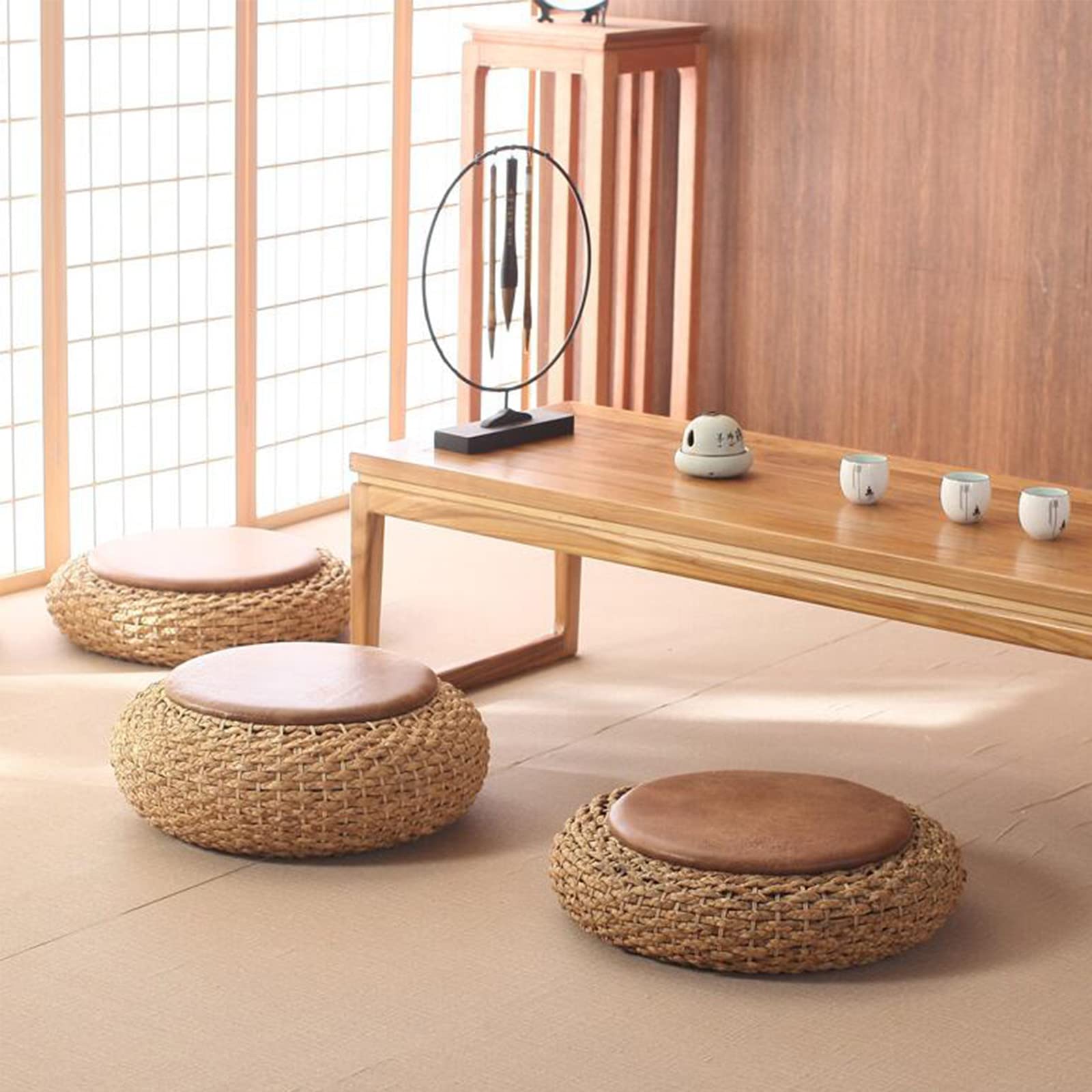 Tatami - Cojín de suelo, cojín redondo tejido, tapete de meditación y yoga hecho a mano para uso en interiores y exteriores, almohada suave para jardín, comedor, sala de estar