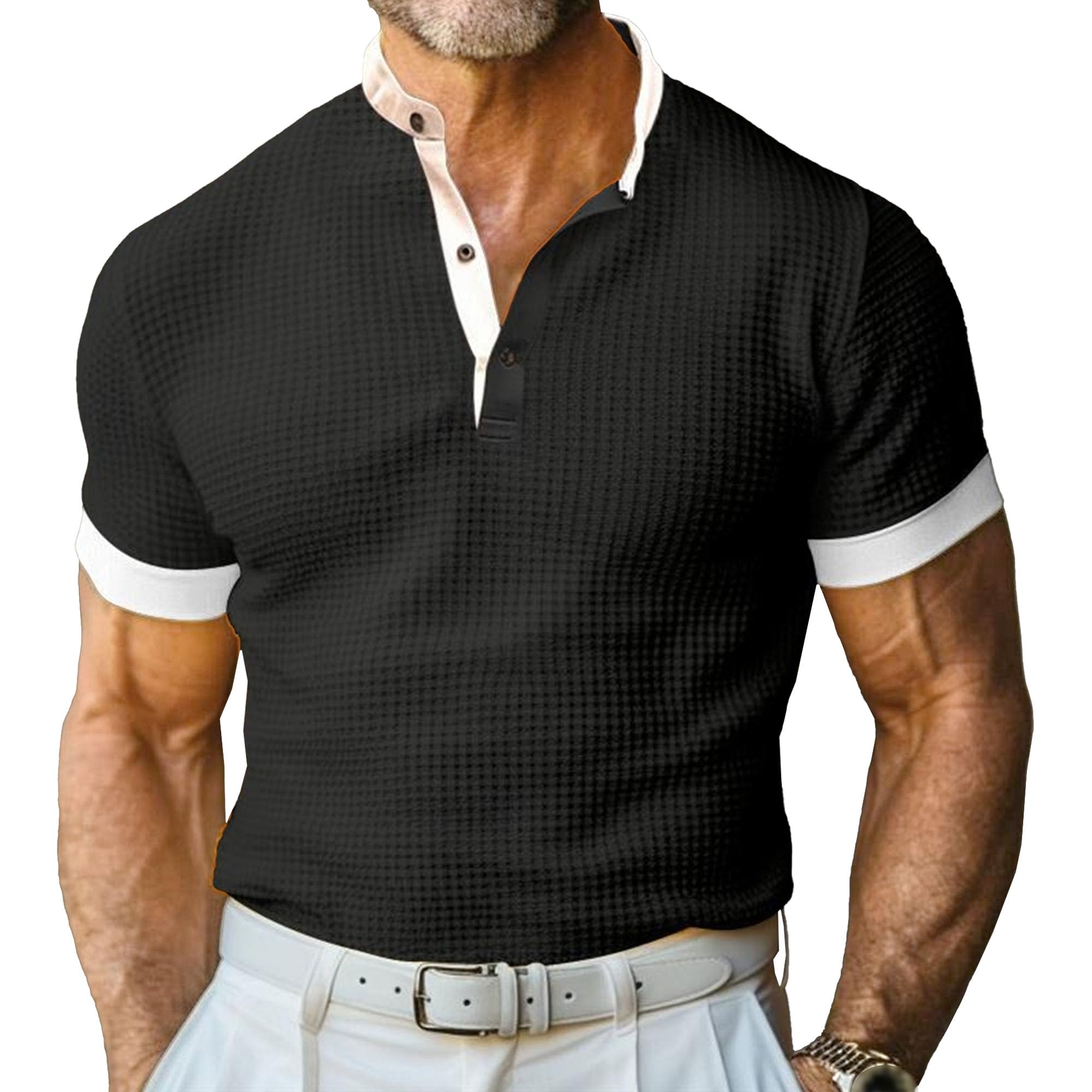 Men's Henry Neck Sports Polo Shirts Classic Quarter Button Exercise T Shirt Summer Short Sleeves Golf Pullovers (Black,3X-Large)