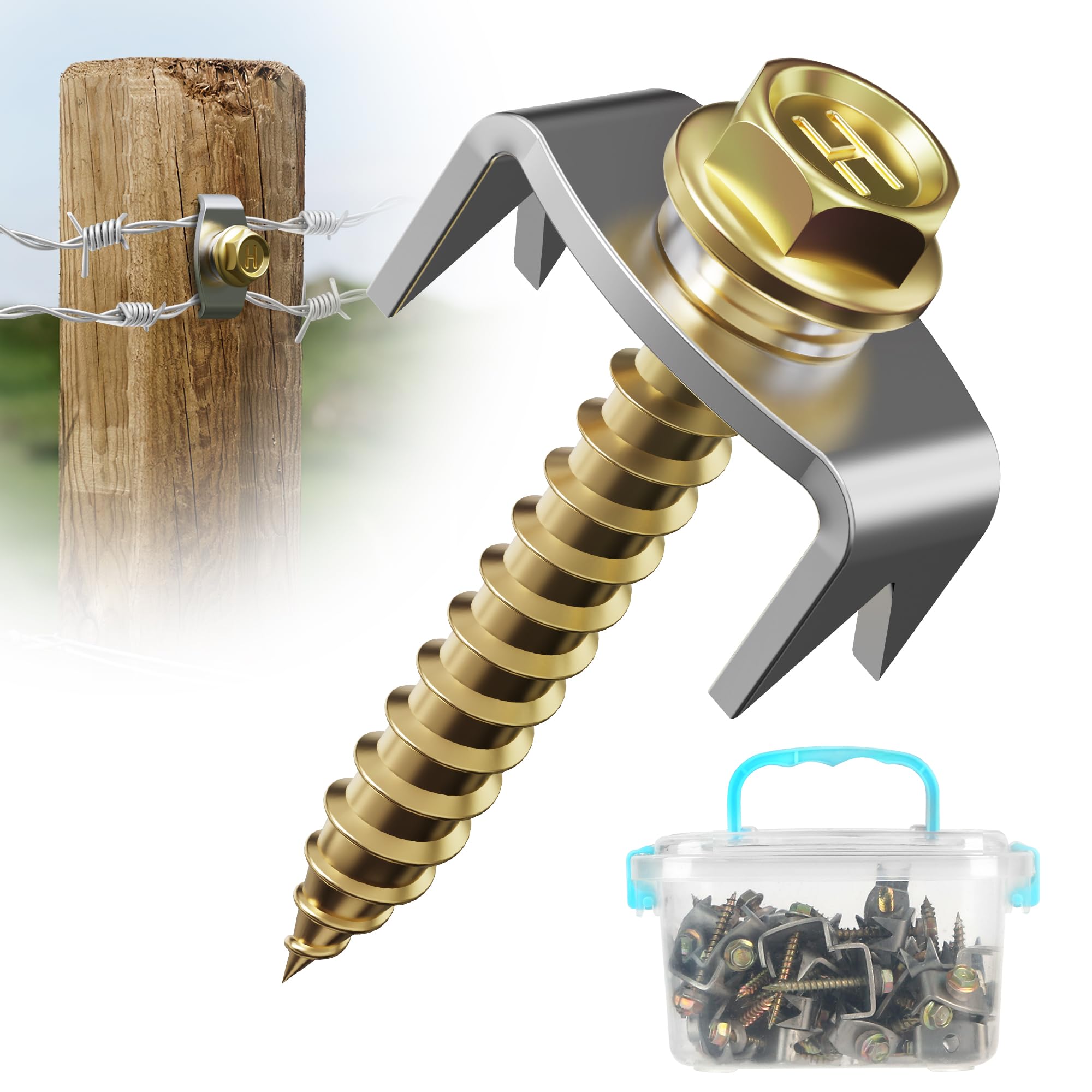 Dabolang 50 PCS Wire Fence Staples with Wire Fixer, Fence Fasteners for Wire Fencing, Fence Post Screws for Softwoods, Reuse/Easy Remove Fence Nails