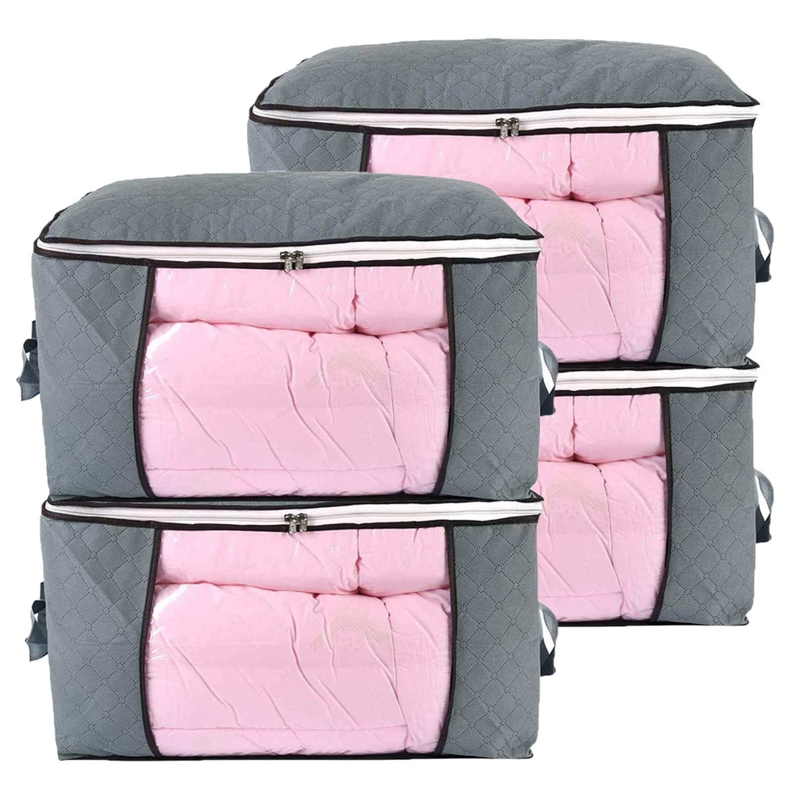 combocube Jumbo Zippered Storage Bag for Closet King Comforter, pillow, quilt, bedding, Clothes, Blanket Organizers with Large Clear Window & Carry Handles Space Saver, 4pcs