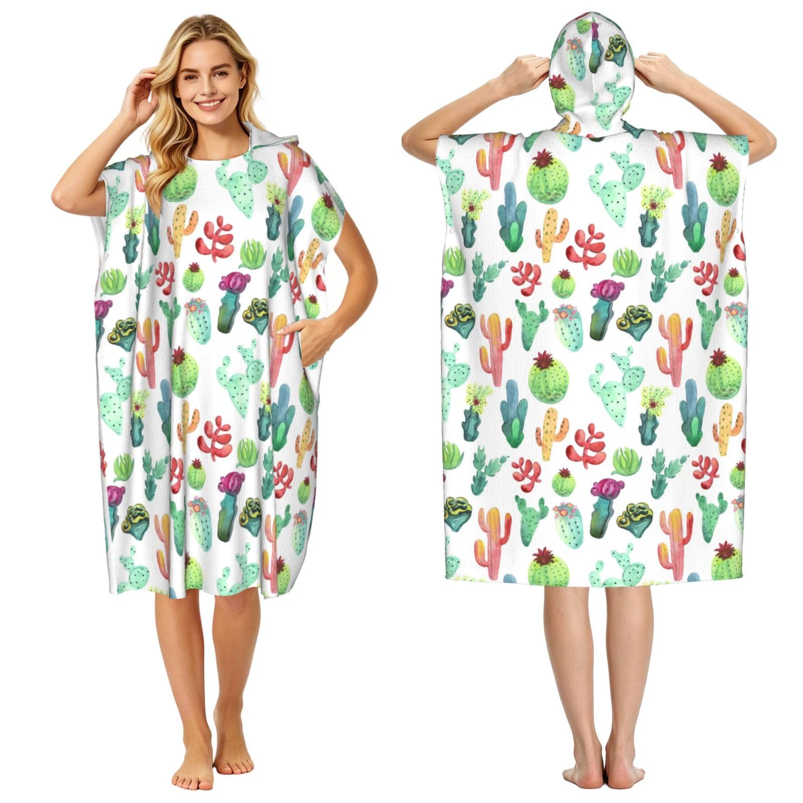 Poadnly Watercolor Cactus Succulents, Adult Hooded Beach Towel 90 x 110 cm,Changing Bath Robe, Surf Poncho Towel For Women Men