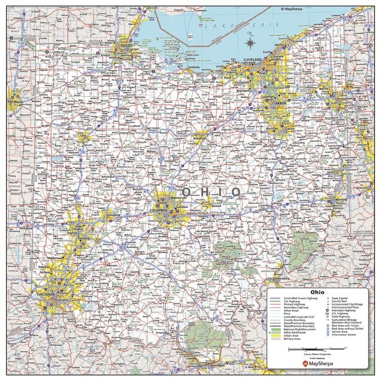 MapSherpa: Ohio State Wall Map - Compact - 16 x 16 inch Poster - Front Lamination