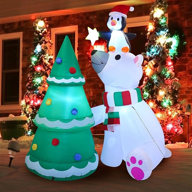 Christmas Inflatable Decoration 6 ft Polar Bear Christmas Tree Inflatable with Build-in LEDs Blow Up Inflatables for Christmas Party Indoor, Outdoor, Yard, Garden, Lawn, Winter Decor, Holiday Season