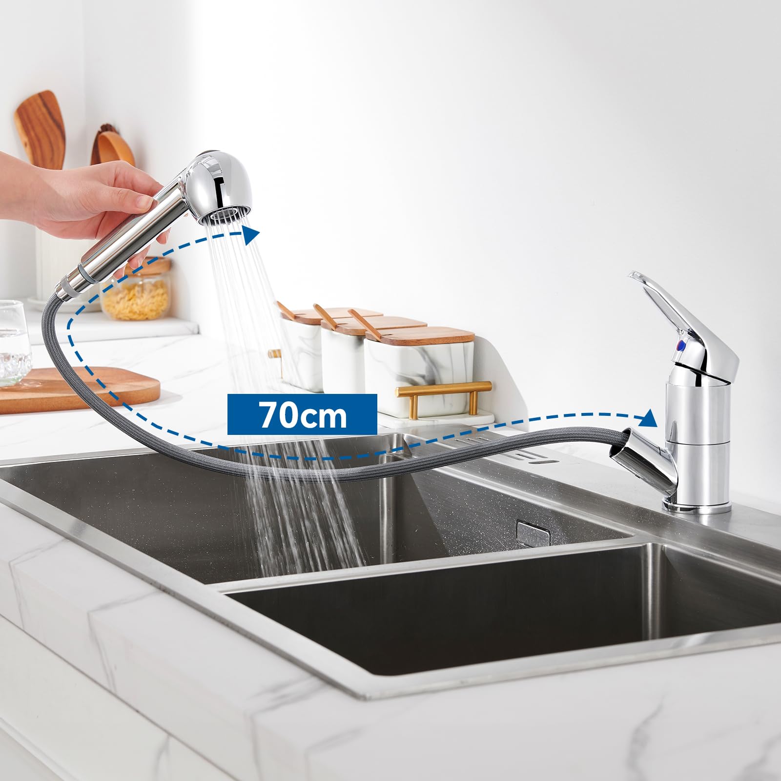 Auralum Niederdruck Armatur Küche, Wasserhahn Küche Ausziehbar, Küchenarmatur Niederdruck mit Brause Zwei Wasserstrahlarten, 360° Drehbar Mischbatterie Küche, Wasserhahn mit 3 anschluessen für Boiler